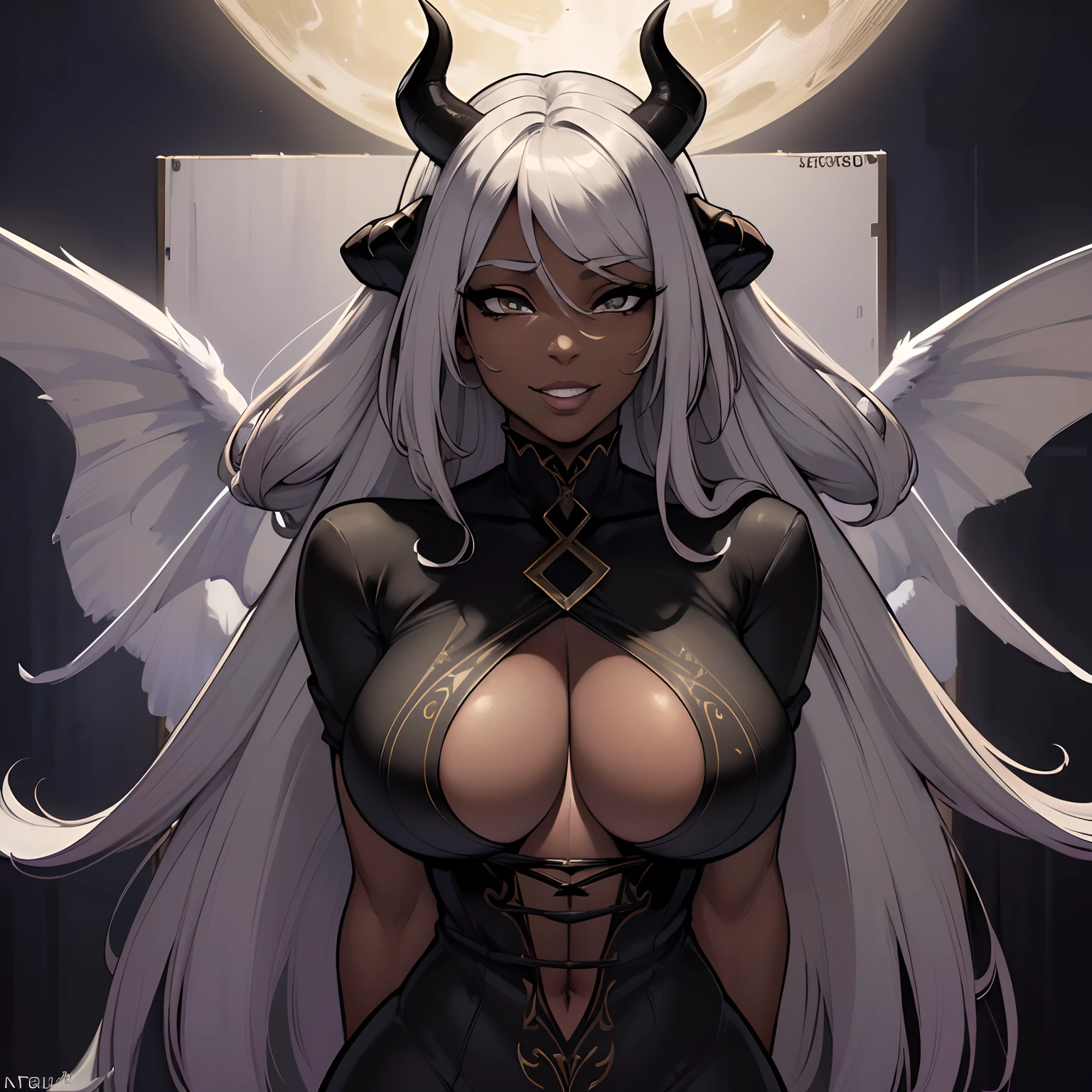 (best quality,4k,8k,highres,masterpiece:1.2), ultra-detailed, (realistic,photorealistic,photo-realistic:1.37), mature ebony-skinned female with long flowing silver hair, wearing a gilded form-fitting dress, curvy, thicc, has large black demon wings, has demonic horns, alluring gaze, portraits, seductive grin