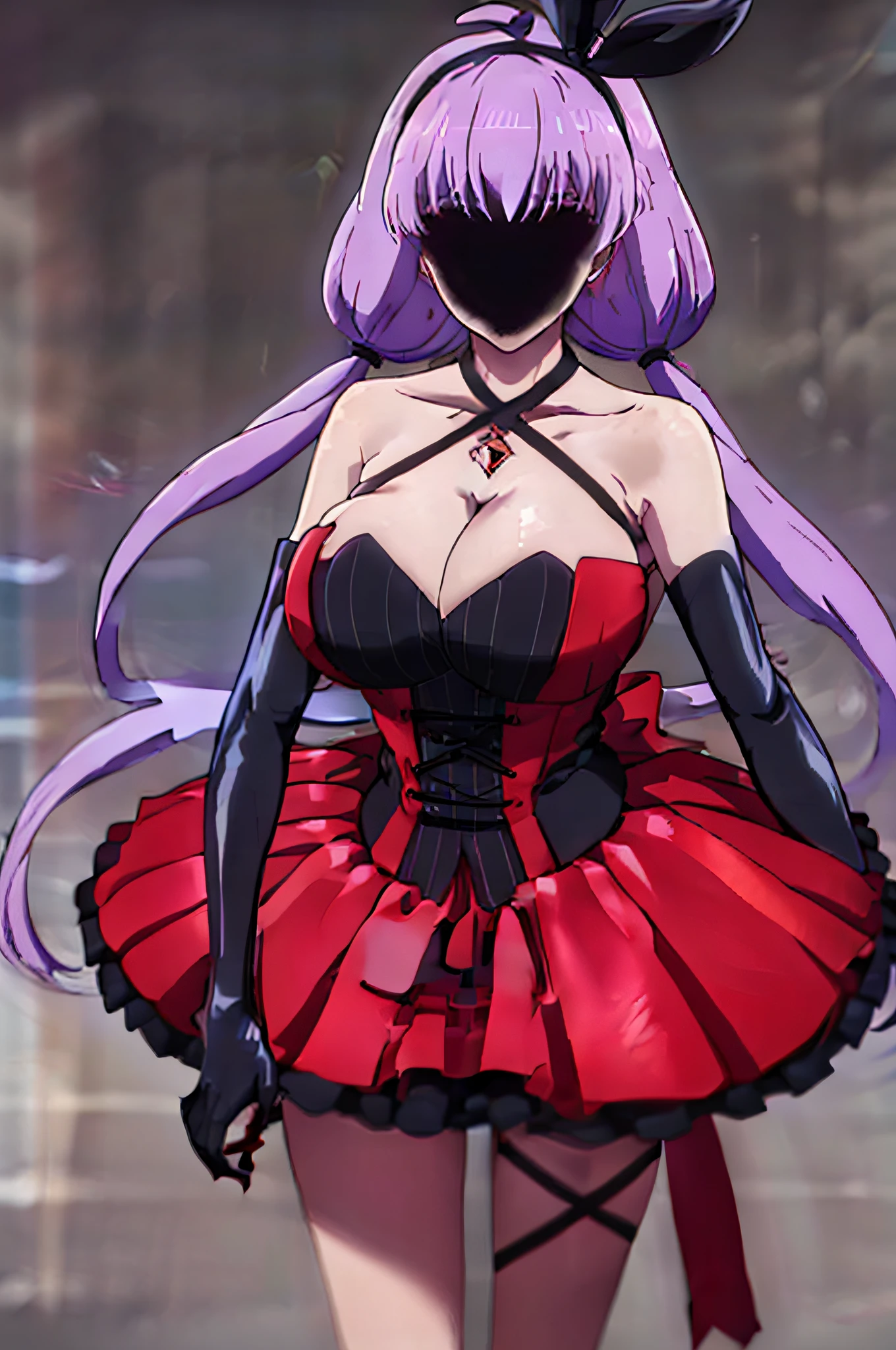 ANIME_nanase_karin_ownwaifu, www.ownwaifu.com, faceless, faceless female, long hair, twintails, large breasts, purple hair, low twintails, collarbone, very long hair, cleavage, dress, elbow gloves, gloves, bare shoulders, halterneck, jewelry, ribbon, hairband, black gloves, thighhighs, hair ribbon, bow, criss-cross halter, red dress, choker, facing viewer.