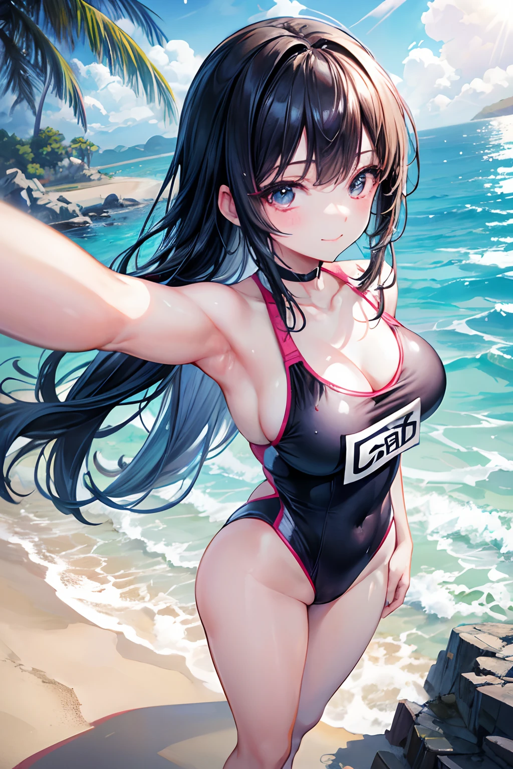Selfie, photo with camera GoPro pretty girl from Hong Kong, With sexy swimsuit on the beach, Wet, They are smiling, cara afilada, Soft lighting, Lente ojo de pez, Llamarada solar,