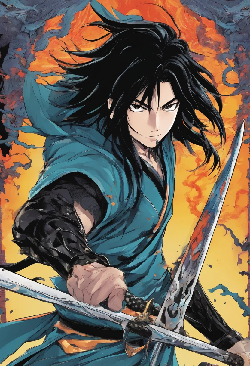 Teen boy with long black hair with a giant black blade attacking a temple of demons