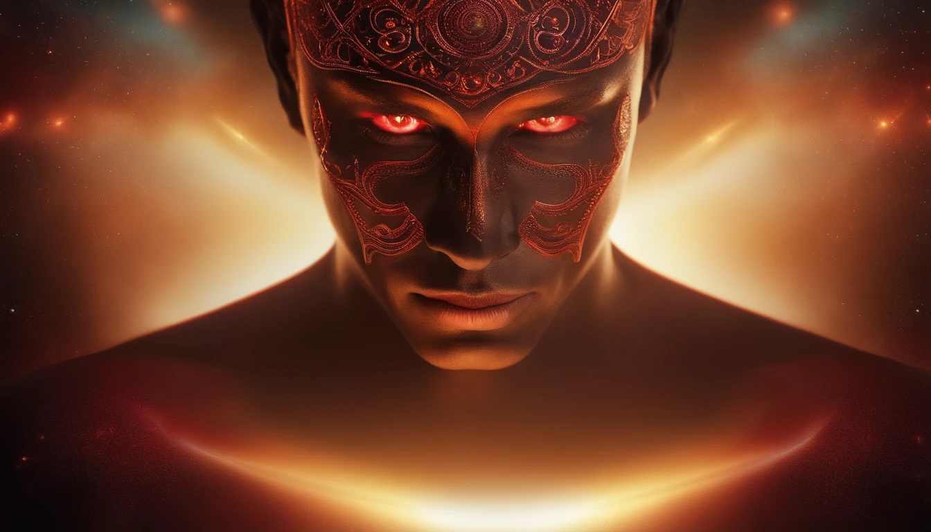 Cosmic Man, corpo inteiro, olhos claros brilhantes, Biomechanicals, estranho, sombrio, cores vermelhas com pretos, light particles, com luz brilhante, Mshiff, Arte do papel de parede, Papel de parede UHD