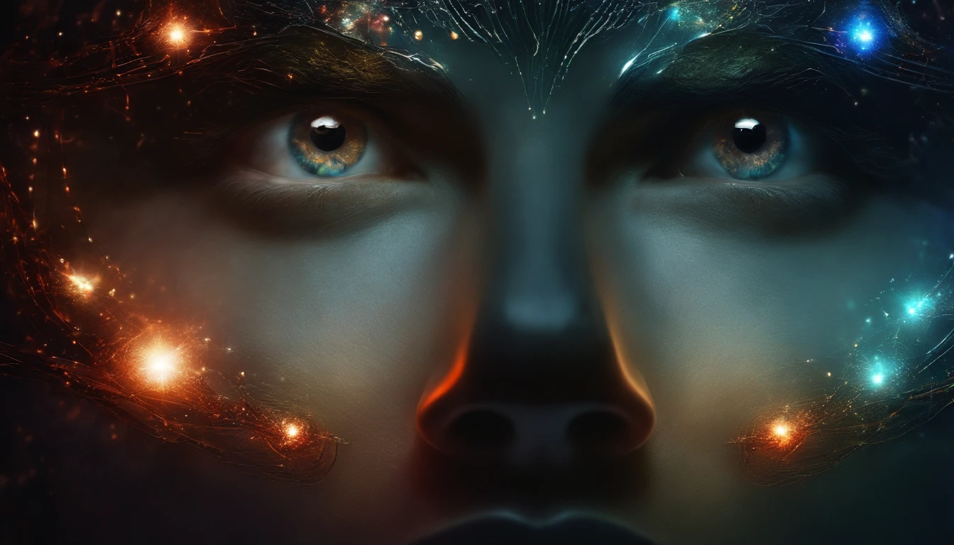 Cosmic Man, corpo inteiro, olhos claros brilhantes, Biomechanicals, estranho, sombrio, cores vermelhas com pretos, light particles, com luz brilhante, Mshiff, Arte do papel de parede, Papel de parede UHD