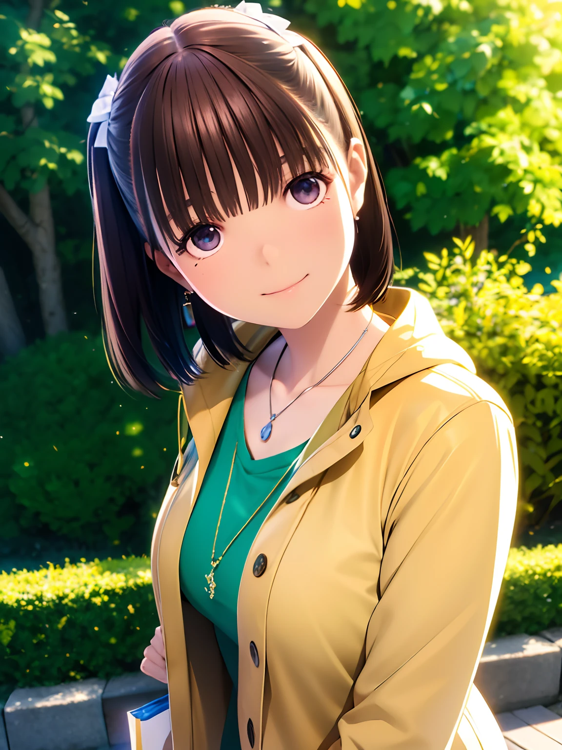 hight resolution,8K,Best Quality,detaileds,semi - realistic anime,Anime 3D Style,Smooth Anime CG,1 girl in,20 year old woman in Japan,slim,modeled,shiny chestnut hair,Medium Hair,Detailed face,Beautiful and detailed eyes,Glowing skin,(parka,layered clothes),earring beautiful,a necklace,autumnal,tag,Colored leaves,Gingko bright, plein air, Beautiful details sky, (dynamicposes:0.8),Hard Focus、film grains,Soft lighting,the wind,looking at the viewers,A smile