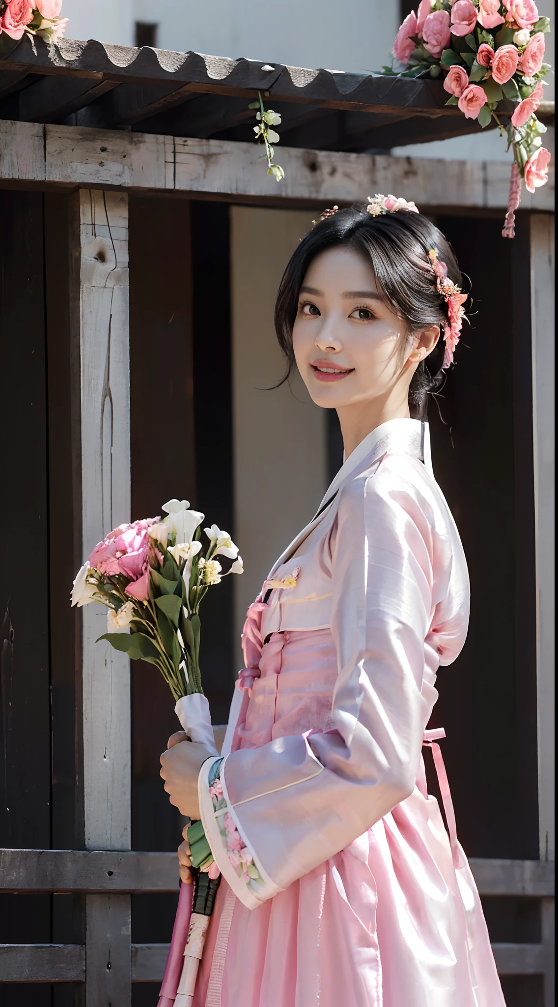 (Small lower chest,small heads)), (perfect bodies: 1.1),(Black hair:1.5),(极其细致的CG 8k壁纸），（Extremely refined and beautiful），（Masterpiece），（best qualtiy：1.0），（超高分辨率：1.0）,[A high resolution],cheerfulness,Smile,(Smooth and flawless fair skin:1.5),(Shiny skin:1.5),(Exquisite makeup:1.3),ultra - detailed,A beautiful Korean girl,(Big breasts:1.2),(Cleavage:1.5),Towering chest,Slim,emaciated,(Gorgeous hanbok，White top and pink dress:1.5),Autumn, In a residential area,High-rise residential building,on the garden,On the path,(standing:1.5),(Holding a bouquet of flowers in front of both hands:1.5),(Stand upright from the front:1.5),Upper body,(Close-up Shot Shot:1.3),(Cowboy shot:1.3),(front portrait:1.5),Morning,(Daytime scene:1.5),Bright sunshine,