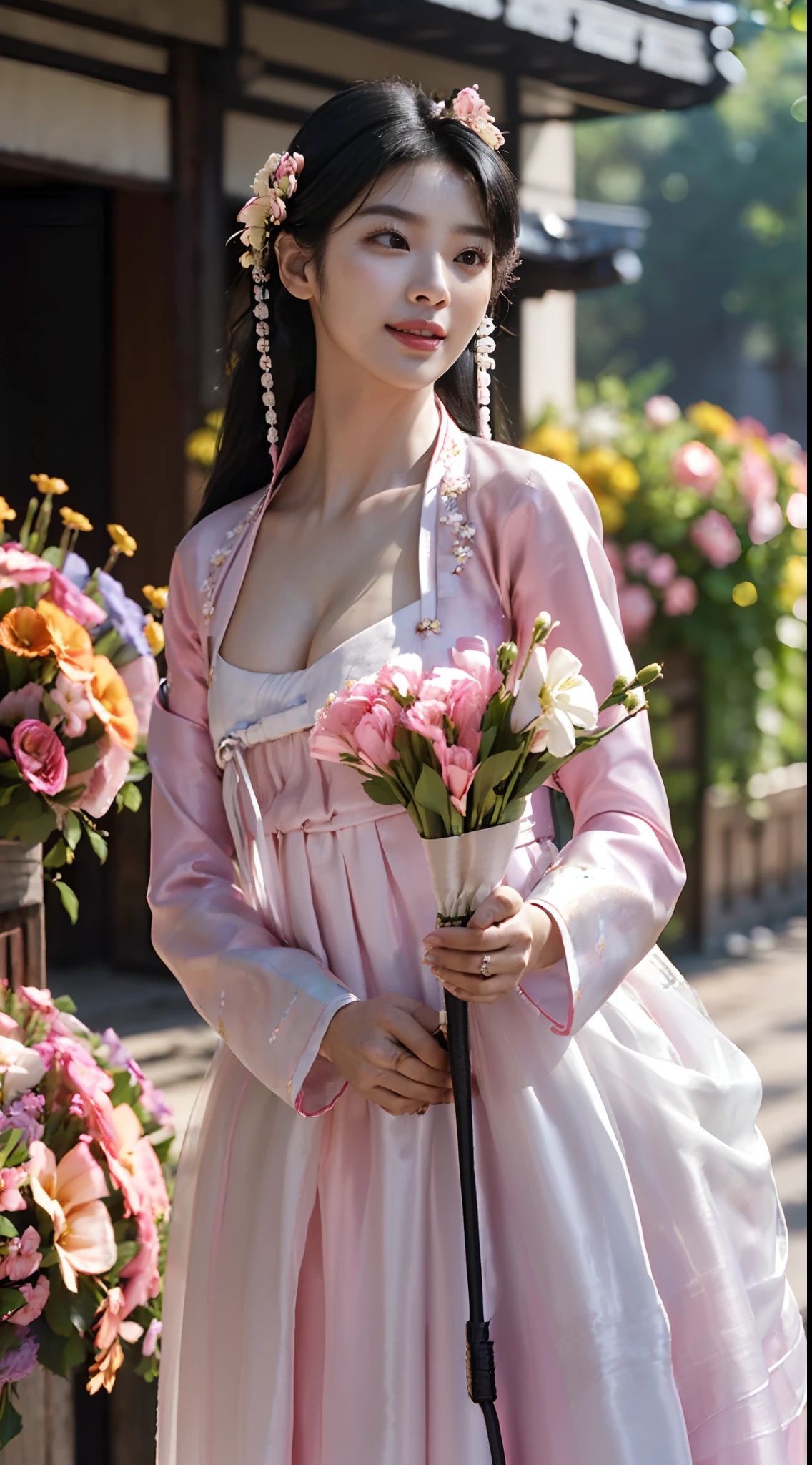 (Small lower chest,small heads)), (perfect bodies: 1.1),(Black hair:1.5),(极其细致的CG 8k壁纸），（Extremely refined and beautiful），（Masterpiece），（best qualtiy：1.0），（超高分辨率：1.0）,[A high resolution],cheerfulness,Smile,(Smooth and flawless fair skin:1.5),(Shiny skin:1.5),(Exquisite makeup:1.3),ultra - detailed,A beautiful Korean girl,(Big breasts:1.2),(Cleavage:1.5),Towering chest,Slim,emaciated,(Gorgeous hanbok，White top and pink dress:1.5),Autumn, In a residential area,High-rise residential building,on the garden,On the path,(standing:1.5),(Holding a bouquet of flowers in front of both hands:1.5),(Stand upright from the front:1.5),Upper body,(Close-up Shot Shot:1.3),(Cowboy shot:1.3),(front portrait:1.5),Morning,(Daytime scene:1.5),Bright sunshine,
