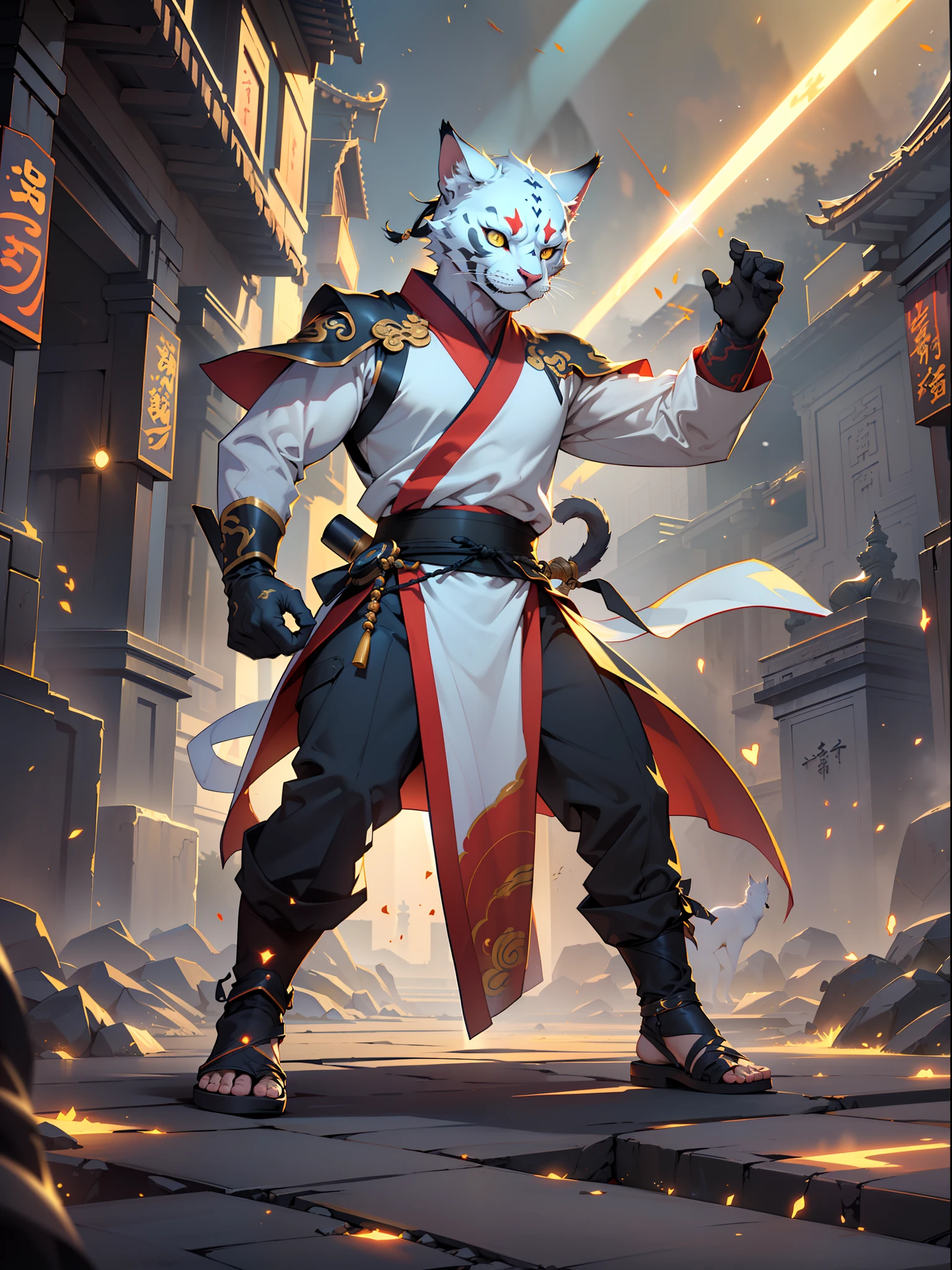 (extremely detailed 8k wallpaper:1.2), (best quality:1.2), sharp focus, (subsurface scattering:1.1), award-winning photography, ((full body shot:1.1)), centered face, white ninja with cat head, yellow eyes:1.2, fighting pose, (((light energy particles shining over the whole character))) (standing in front of oriental monastery:1.3), (very detailed background:1.2), Dramatic lighting, SFW