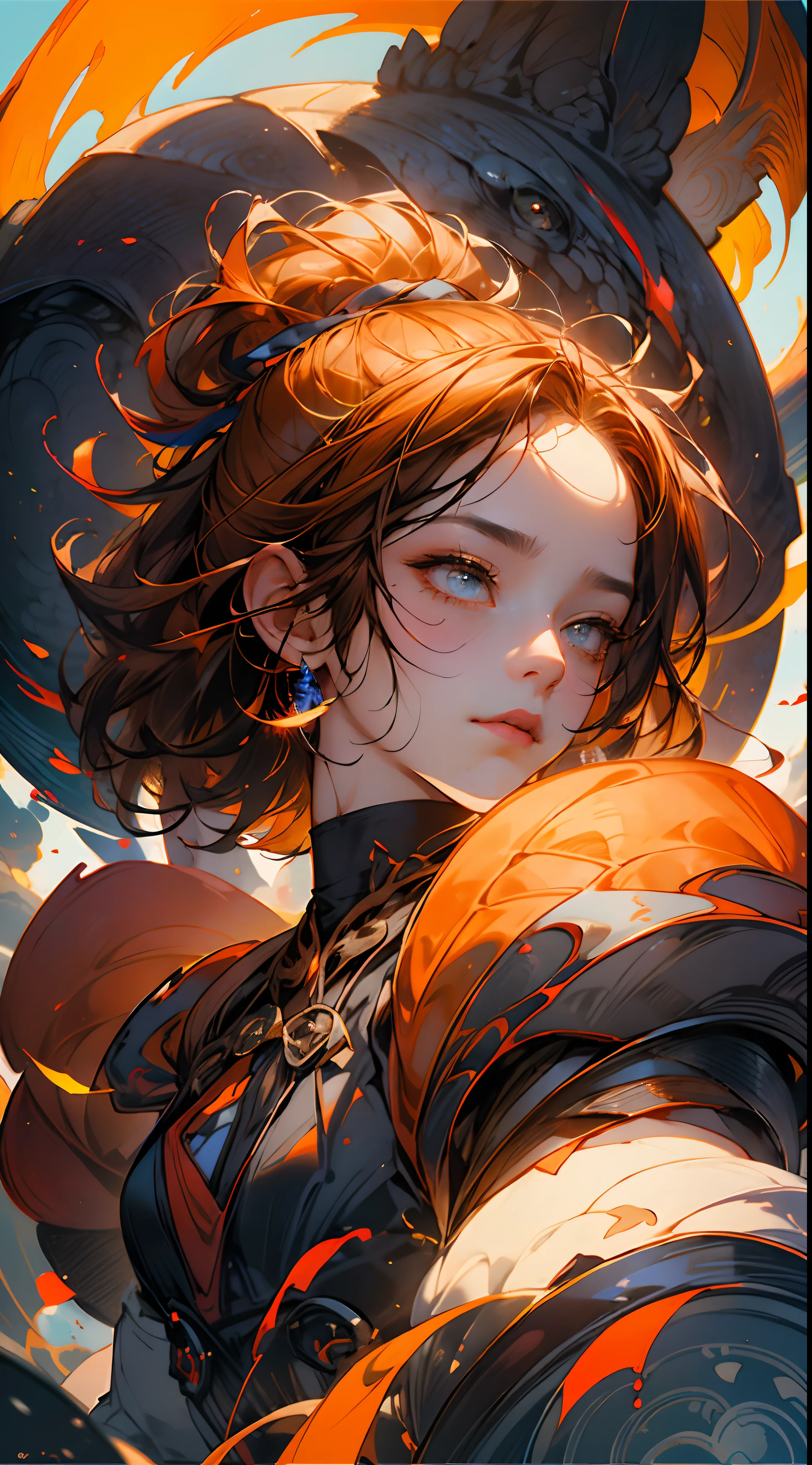 _james Jean, Floating Ribbon Feminine Figure, Smoke, In the Sky, Colorful and Vibrant, Mysterious Colors, Contemporary Impressionism, Yanjun Cheng Portrait, Iridescent Painting, 3/4 Perspective, Cute Face, Low Angle, Sweeping Circling Composition, Beautiful Crystal Big Eyes, Large Brown Iris, Orange Hair, UHD, HDR, 8K, (Masterpiece: 1. 5), (the most beautiful portrait in the world: 1.5)