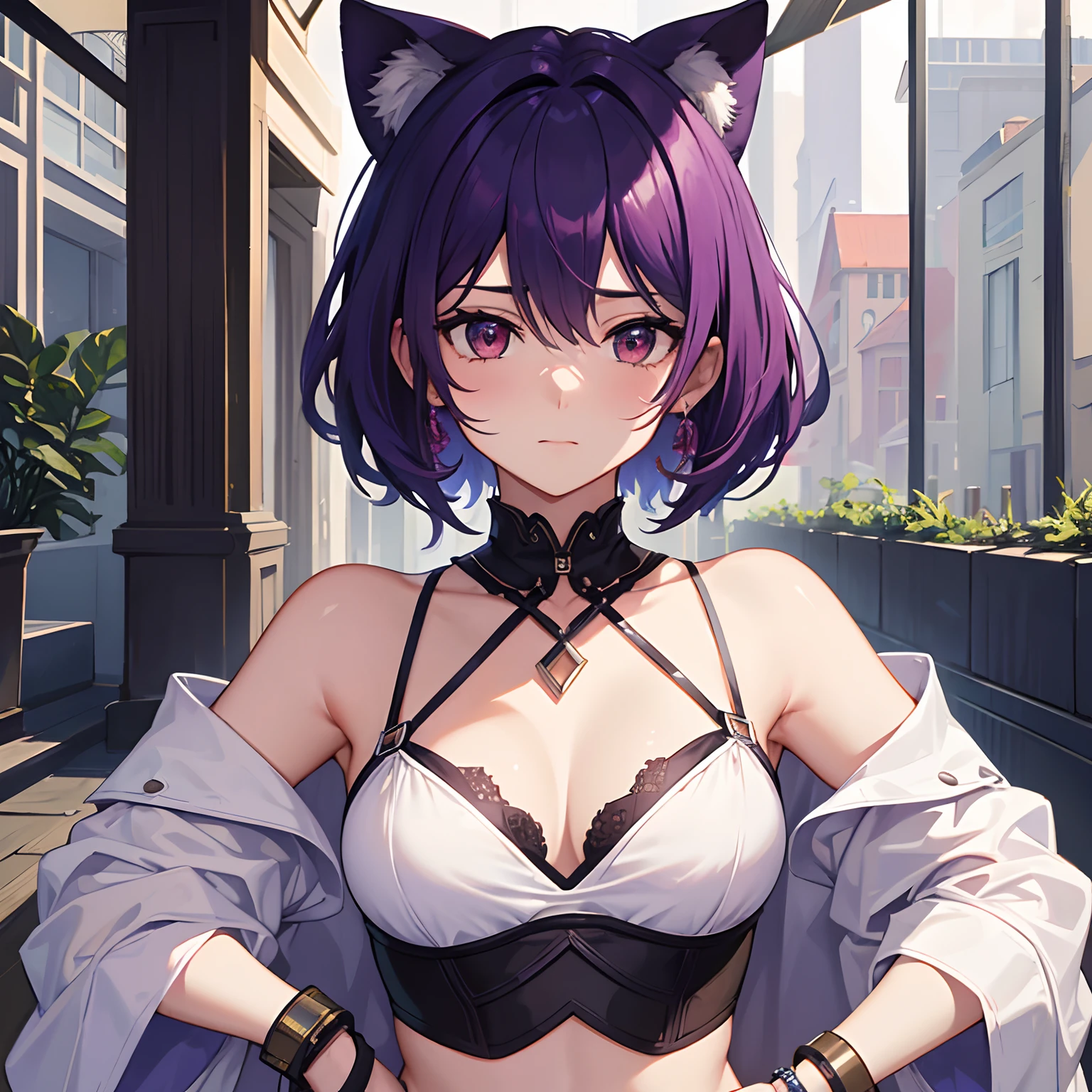 tmasterpiece, hiquality, detailing, sluice, A girl, Embarrassed shows his chest, Shirt, brassiere, Purple Bob Hair, red-eyes