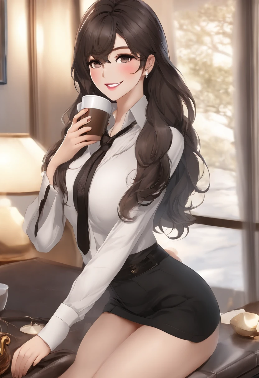(masterpiece, best quality, ultra-detailed, 8K),(picture-perfect face,blush,(perfect female body,slim waits),thicc hips,abs,hourglass body shape,gigantic breast,(black hair),long hair,(coffee eyes,irridescent eyes),straight hair,goddess,sexy,charming, (lushed face, bills in hand, holding bills in hands, seeing bills,)), alluring, large smile, very happy, ((huge smile, smile with open mouth, excited, ((scream of excitement)))), big ass , sexy ass, nice buttocks, enchanting,makeup,fantasy,lapiz lazuli quarry,colorfull, tight white shirt,( black office suit), short skirt, glasses,hi1,milf office lady