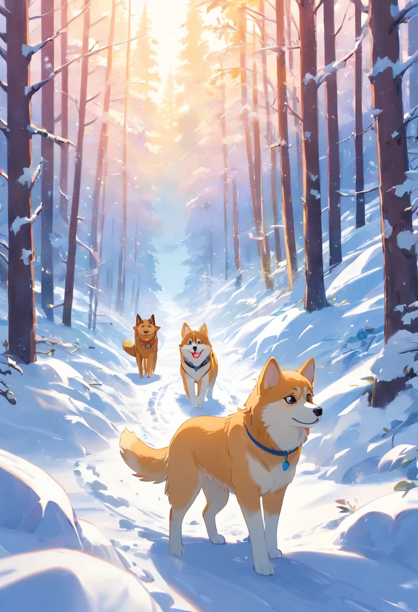 A round-eyed cute cat, A husky, A golden retriever, On the snow, snow mountains, ln the forest.