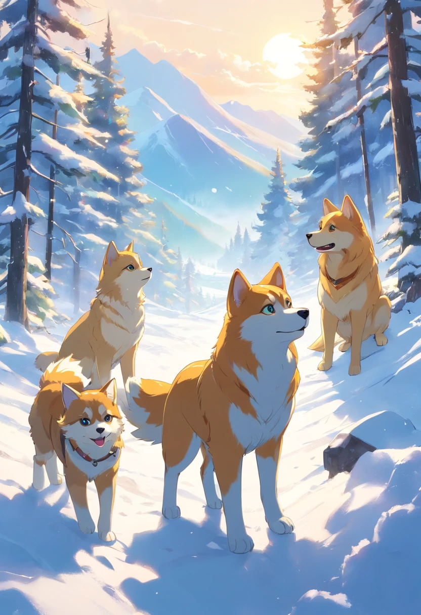 A round-eyed cute cat, A husky, A golden retriever, On the snow, snow mountains, ln the forest.