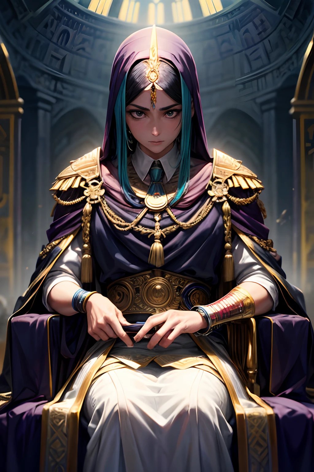 Un retrato de un enojado, Egipto Dios, Traje intrincado, epic realistic, kit, aesthetic, Kinematic, Detalles locos, colores atenuados, colores apagados, film grainy, pizarra, lut, espeluznante, vignette, Tumba en el interior, Foto policial, Arte de Rutkowski,