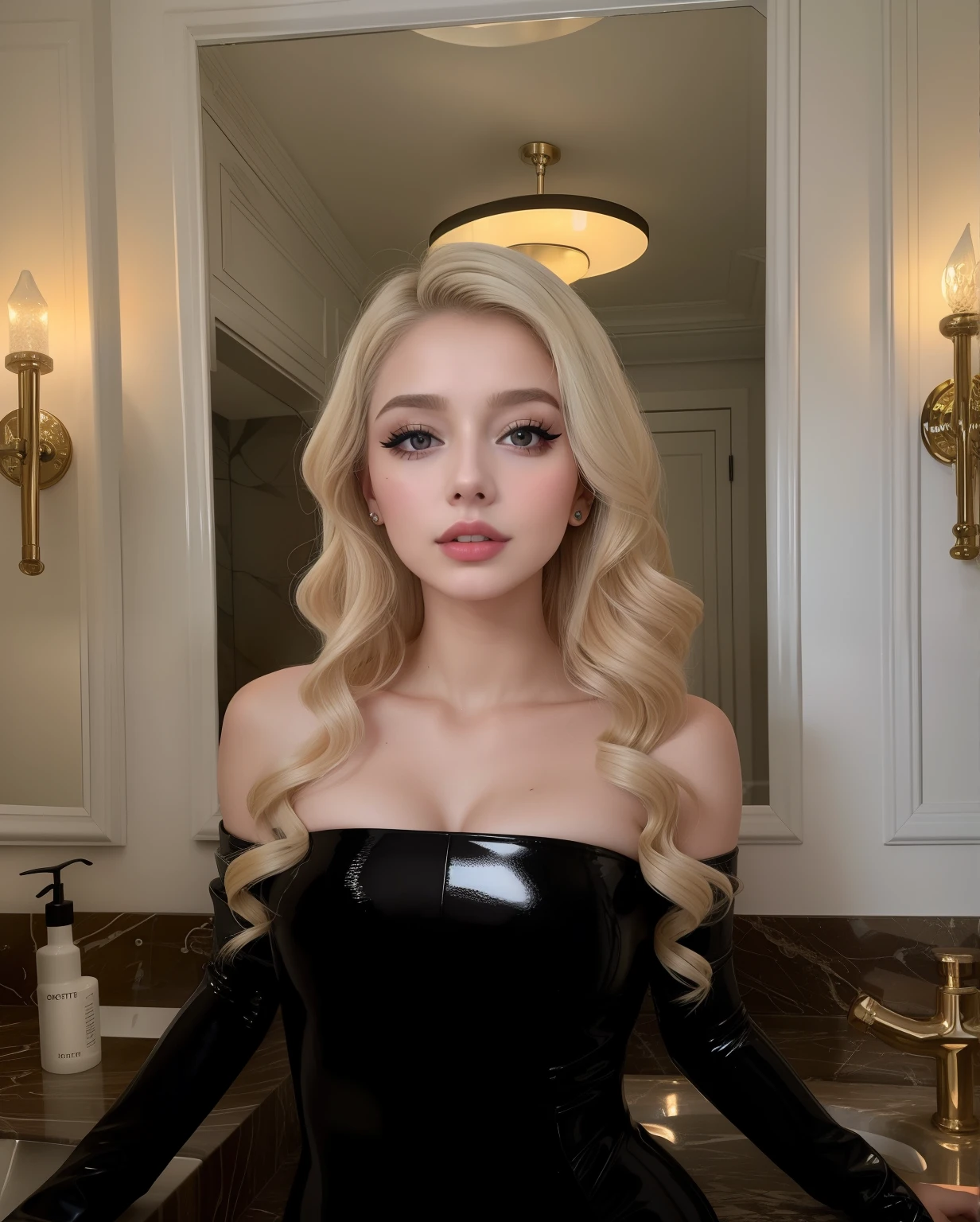 Blonde woman in black latex dress posing in a bathroom, Retrato de Kim Petras, Taran Dasha, Estilo de Julia Razumova, Yelena Belova, Anna Nikonova aka Newmilky, Olga Buzova, Angelina Stroganova, beleza de cair o queixo, julia gorokhova, com maquiagem profissional, rosto como ester exposito