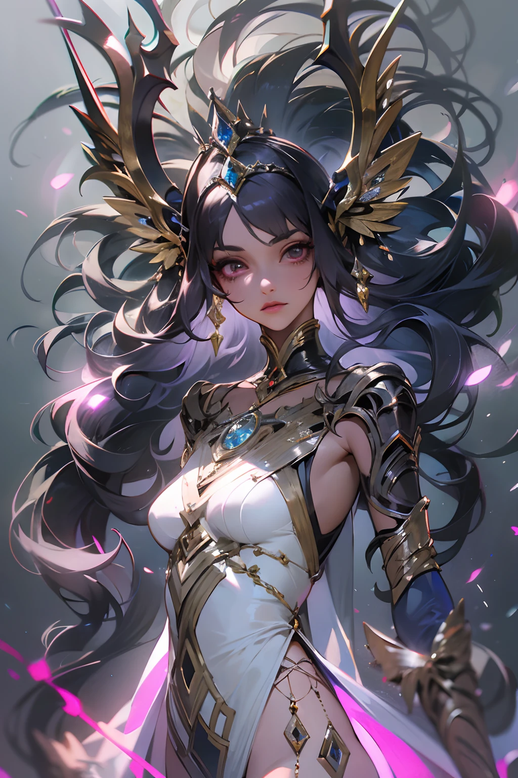 Masterpiece, top quality, super detailed, One endless mage girl, 23 years old, overdecorated gothic fashion and neon glitter cyberpunk fashion fusion of, bust-up photos, very detailed face, very sharp focused eyes, very large slit dark gray eyes that shine like jewels. Very long eyelashes, long dark hair in vertical curls, thick bangs, perfect princess cut, very gorgeous tiara, perfectly accurate human anatomy, long neck, narrow shoulders, long slender arms, medium breasts, very narrow waist, long slender legs, overall accuracy has been dramatically improved, creating super detailed, realistic and realistic images, magic, magic spell light, magic weapon, diamonds, dynamic poses, cinematic lighting.
