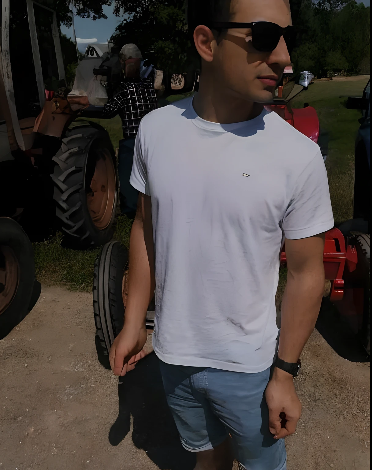 arafed man in sunglasses standing in front of a Ford mustang, dressed in a white t shirt, wearing a t-shirt, dressed in a white t-shirt, wearing tight shirt, wearing farm clothes, plain white tshirt, man in white t - shirt, in tshirt, mid-shot of a hunky, smooth in _ the background, in the turckey country