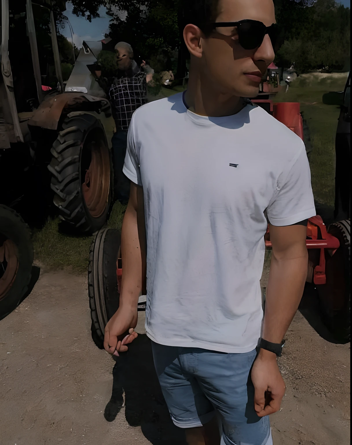 arafed man in sunglasses standing in front of a Ford mustang, dressed in a white t shirt, wearing a t-shirt, dressed in a white t-shirt, wearing tight shirt, wearing farm clothes, plain white tshirt, man in white t - shirt, in tshirt, mid-shot of a hunky, smooth in _ the background, in the turckey country