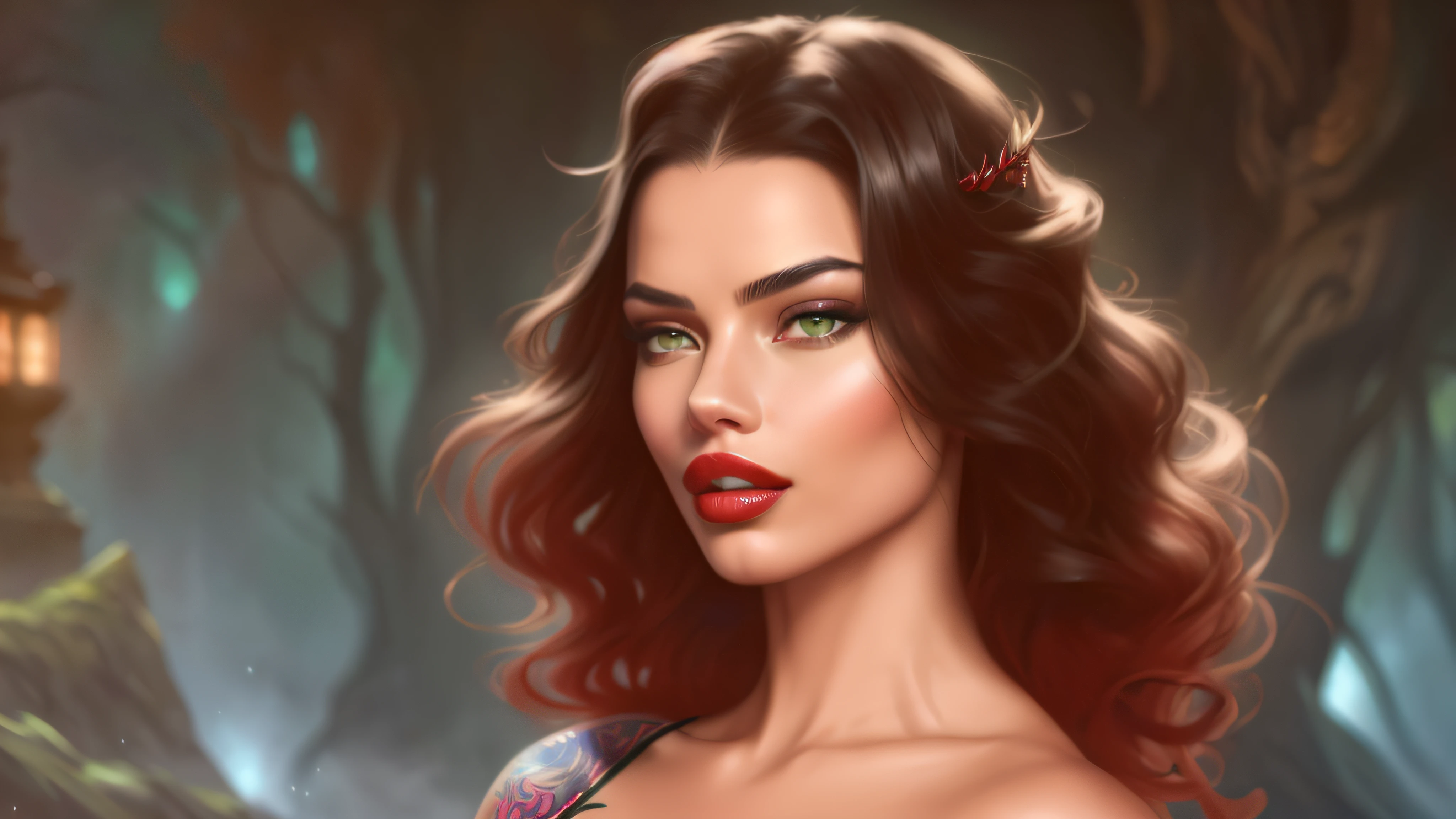 a close up of a woman (Adriana Lima :1.1) red lips, green eyes with a red dress and a tattoo on her chest, digital fantasy portrait, detailed matte fantasy portrait, detailed painting 4 k, glossy digital painting, sultry digital painting, fantasy art portrait, 4k detailed digital art, stunning digital illustration, realistic fantasy illustration, fantasy digital painting, detailed digital painting, digital fantasy illustration
