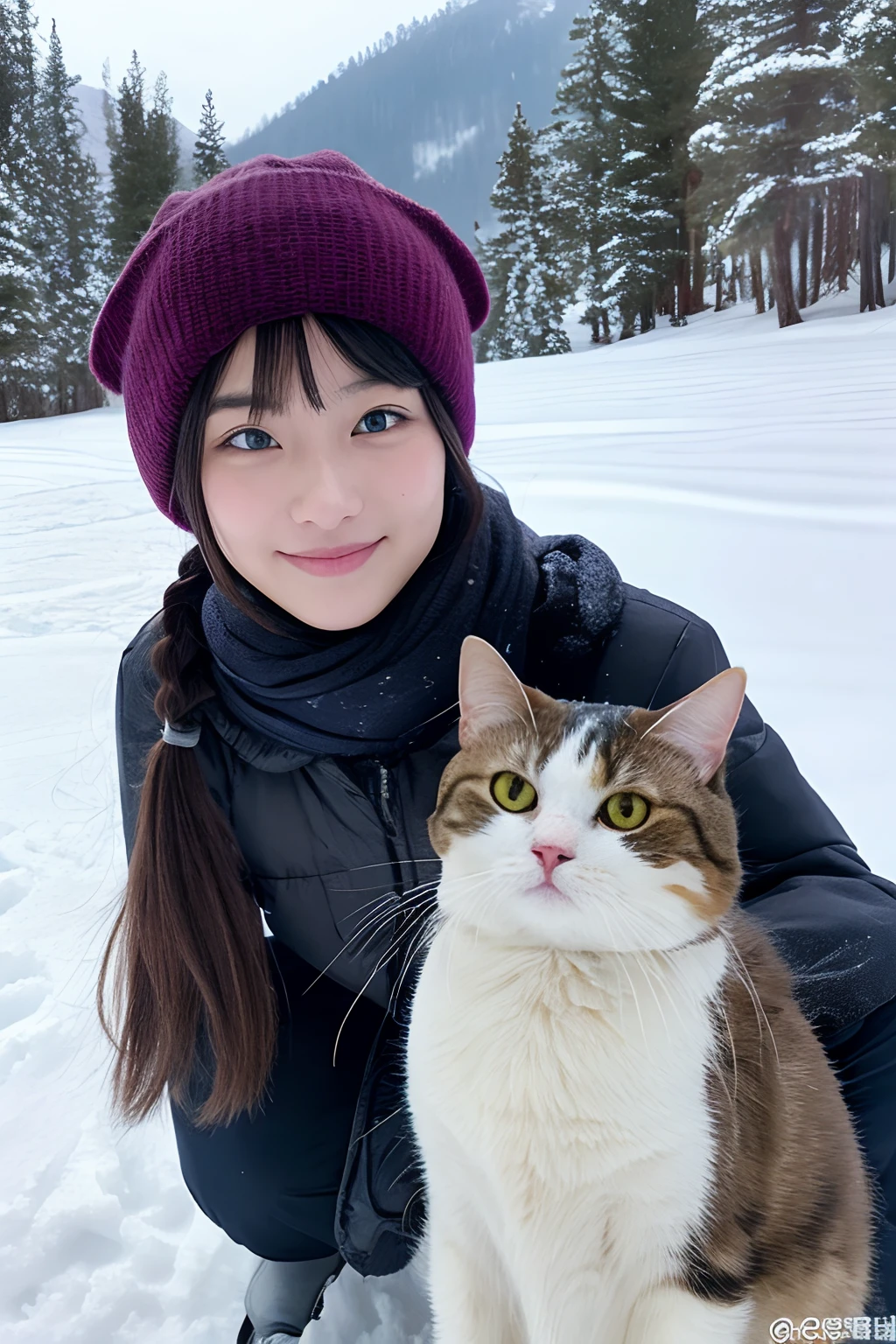 a girl, and a round-eyed cute cat, On the snow, snow mountains, ln the forest.