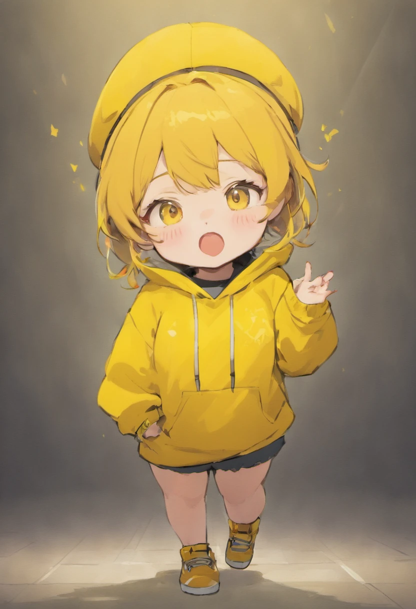 Young chubby Chibi, in various poses, dressed in a yellow sweatshirt and a yellow backwards cap