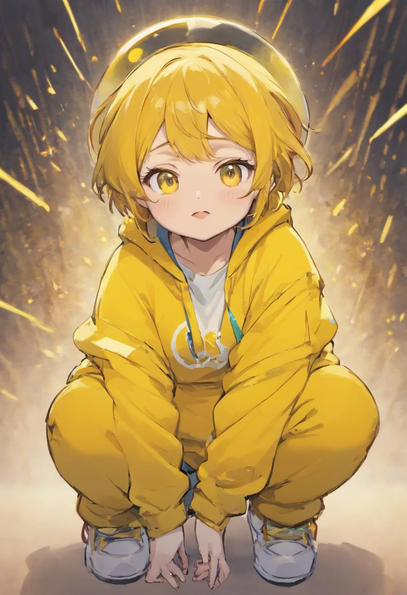 Young chubby Chibi, in various poses, dressed in a yellow sweatshirt and a yellow backwards cap