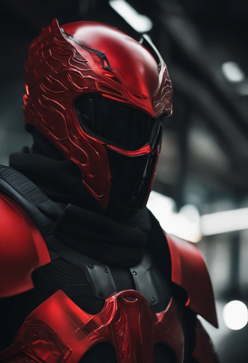 Man in red armor with tech black, capuz, Neom Eyes Black Mask, estilo cyberpunk