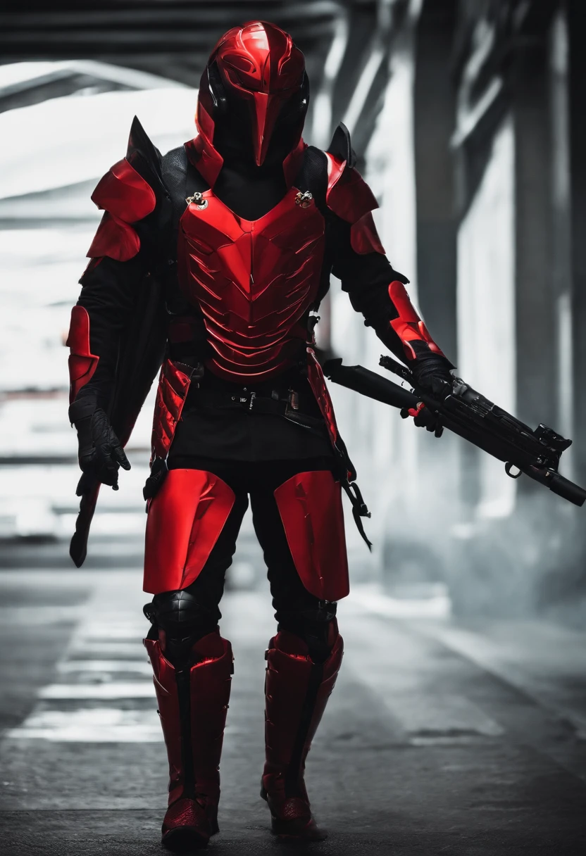 Man in red armor with tech black, capuz, Neom Eyes Black Mask, estilo cyberpunk