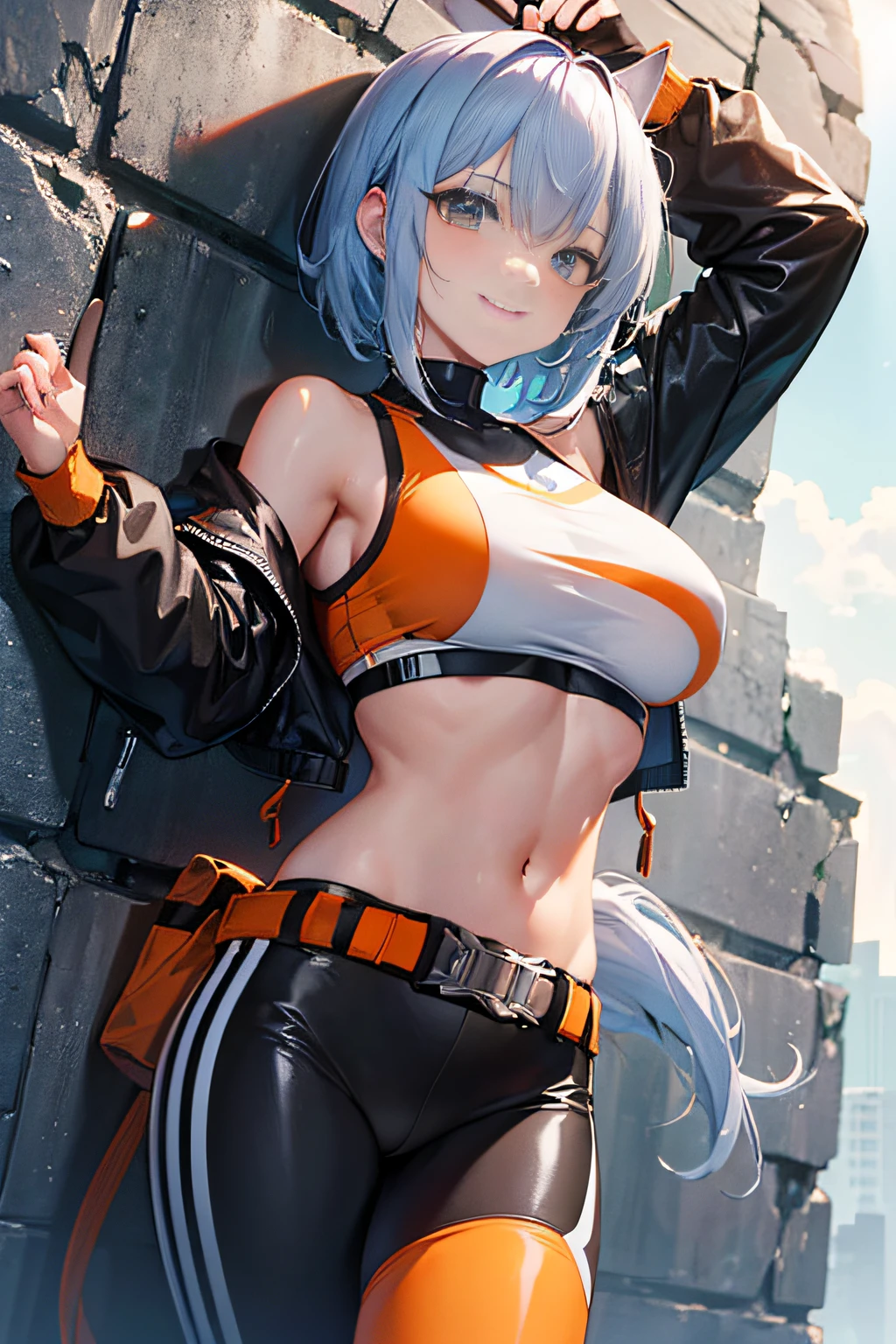 (Clamber up rock walls:1.3),Mountain wall,Rock Climbing,Rock climber,Woman climbing a rock wall alone,Anti-slip powder at waist belt,Tubular Waist Pouch,Belt Harness Lifeline,Especially while reflecting elements of Western beauty.Woman with natural smile and attractive expression,Transparent skin,Short-cut hair with shiny silver and orange stripes,(poneyTail:1.3),huge tit,Sportsbra,leggins,(The 8k quality,masutepiece,top-quality,Ultra-high resolution output image,),(Highly detailed raw photos:1.3),(Image Mode Ultra HD),(Parameter Mode Kaibo 2.0),Studio Ghibli style quality,