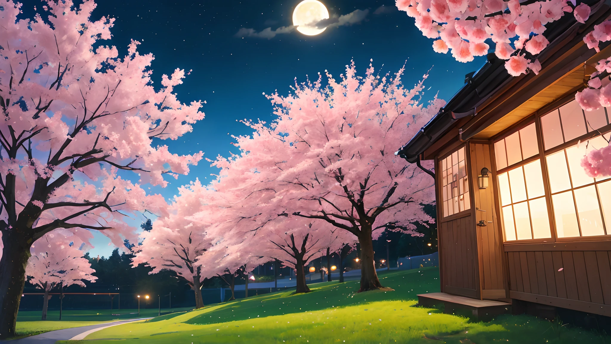 a picture,cherry trees,natta,Lit up,1 copy,realisitic,low angles,a moon