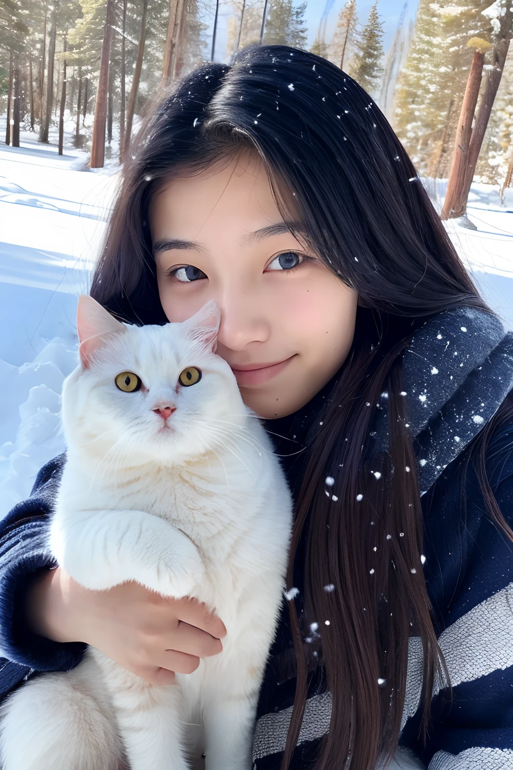15-year-old girl, and a round-eyed cute cat, On the snow, snow mountains, ln the forest.