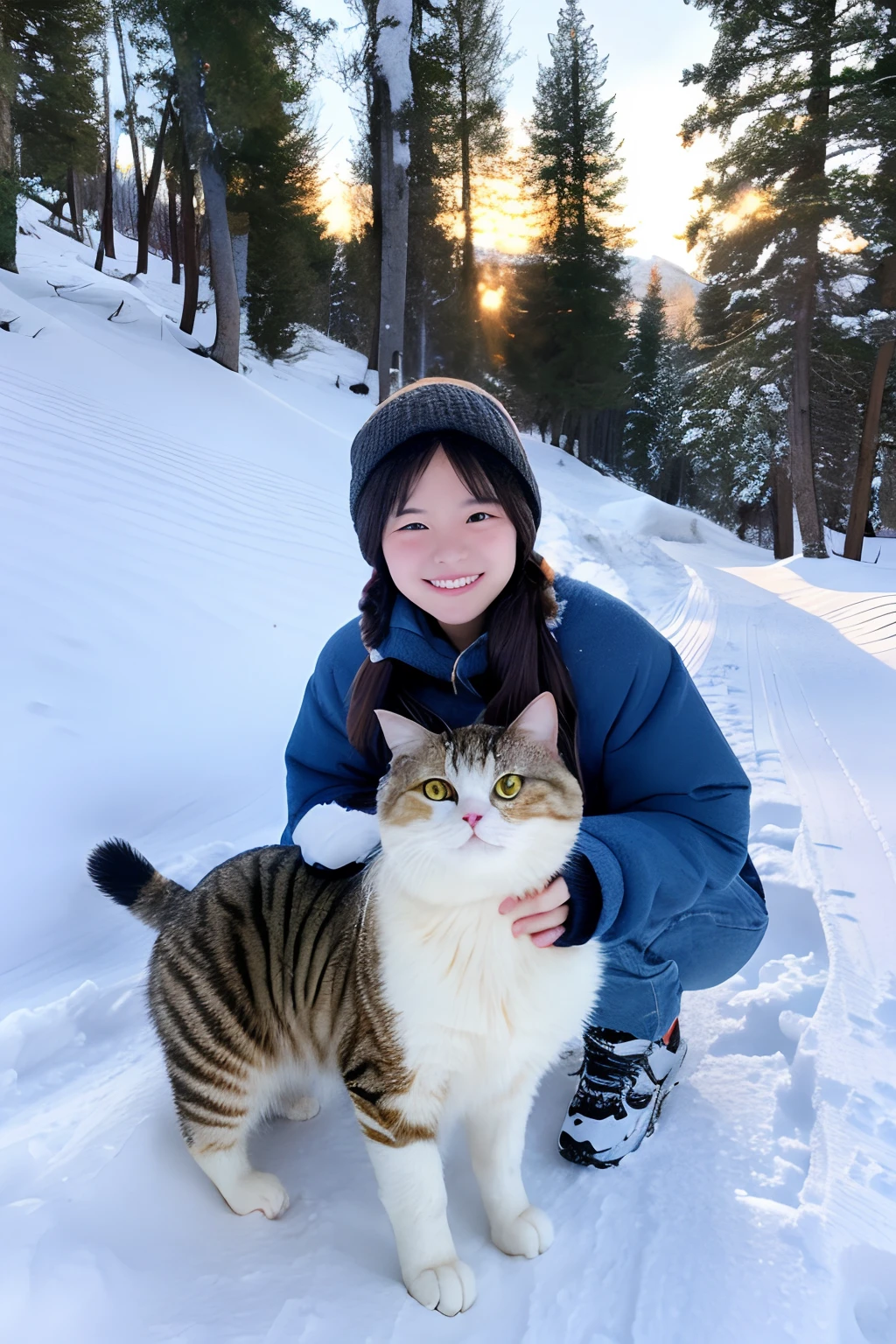 -yeld gi and a round-eyed cute cat, On the snow, snow mountains, ln the forest.