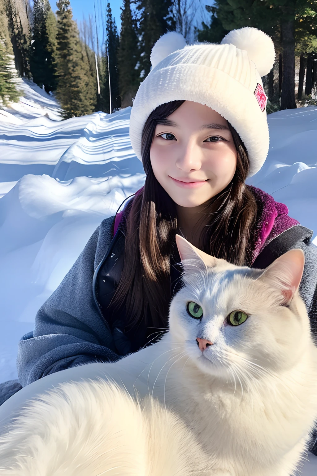 -yeld gi and a round-eyed cute cat, On the snow, snow mountains, ln the forest.