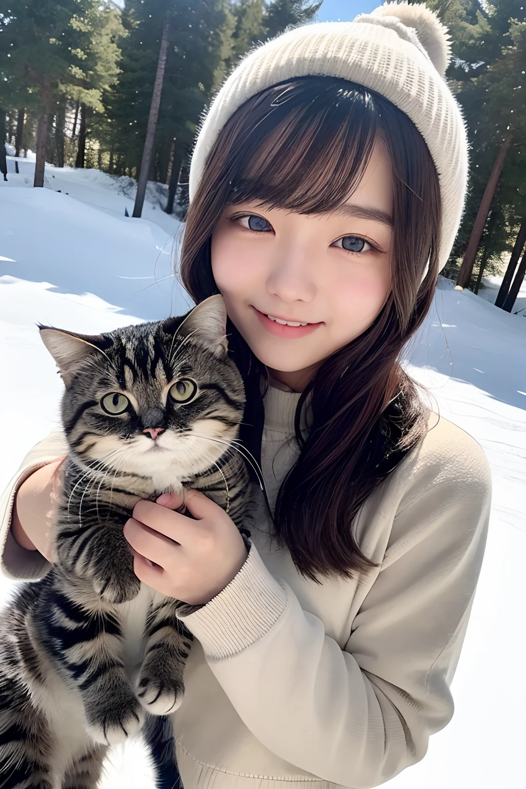 15-year-old girl, ssmile,and a round-eyed cute cat, On the snow, snow mountains, ln the forest.