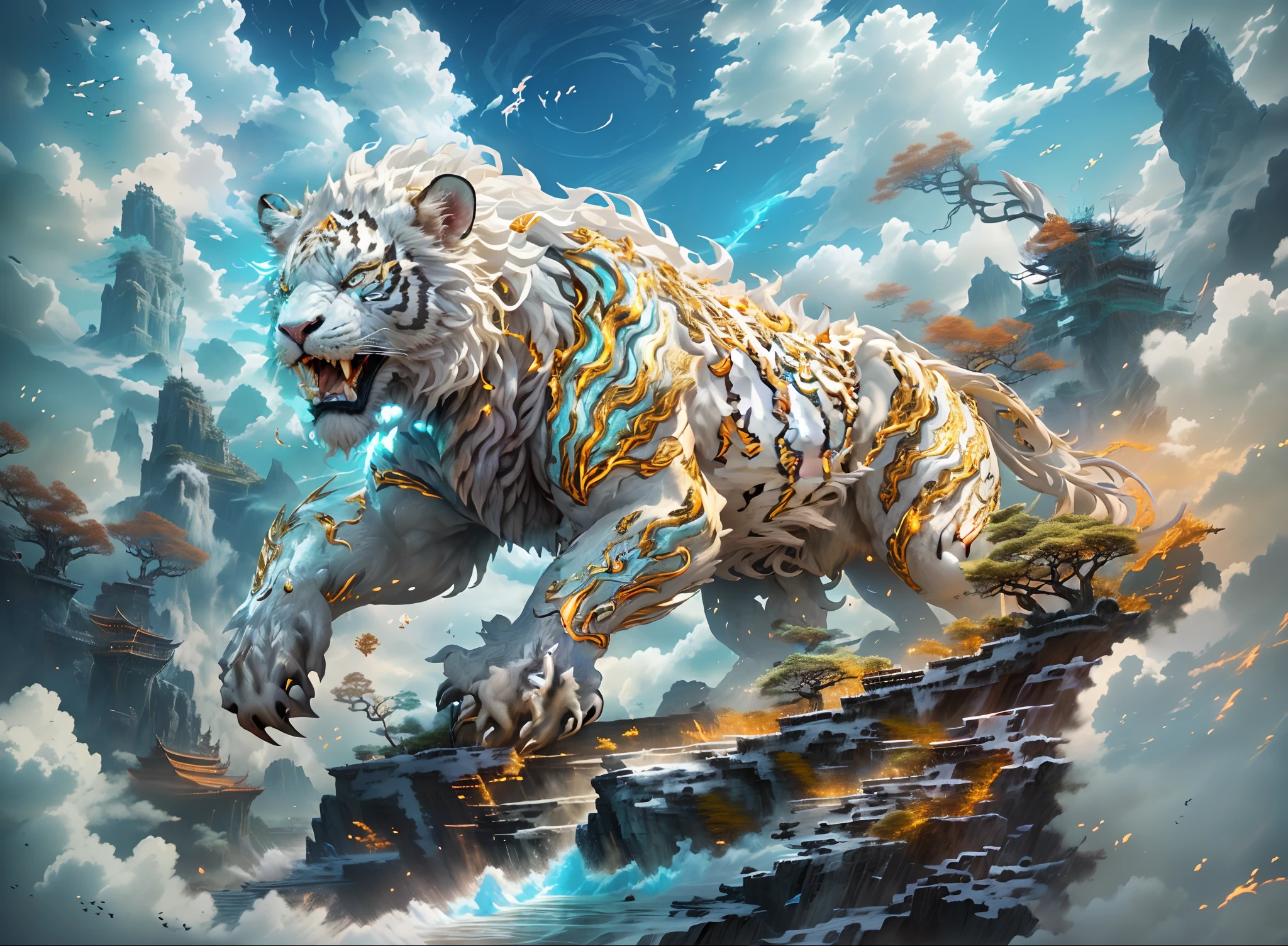 dahuangdongjing，，A mythical beast in Chinese mythology(the white tiger),The white tiger is like a huge white tiger，Huge and powerful。It has a majestic body and sharp claws，The whole body is covered with fur as white as snow，White tigers usually have a pair of short horns on their heads，Both eyes emit lightning，Surrounded by lightning，Surrounded by white clouds，Dreamland Wonderland、Genting Heavenly Palace，The peaks are steep，Strange rocks，fanciful，ogre、fang、Riding，Faraway view，(Best quality,tmasterpiece, iintricate,hyper-detailing，RAW photo,8K，hyper HD,超高分辨率,Photorealistic style,Cinematic scenes, Sharp focus,Dramatic lighting,extremely detailed CG unity wallpaper，Chinese colors，The color is bright，brightly，Traditional Chinese elements，（（Ancient murals）），Illustrative myths，Fuyao Legend，Dappled light，Hazy haze，mystical aura，tmasterpiece，k hd，Rich in color，Detailed details，Seven colors)