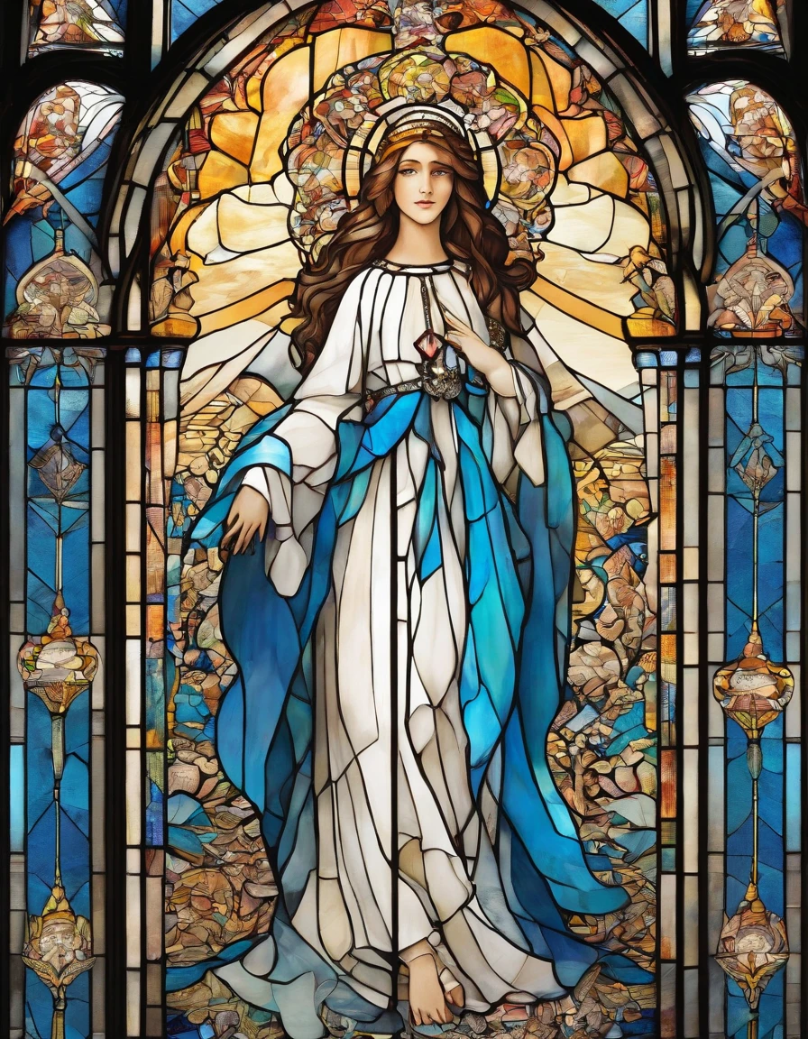 1 , 18 anos, alta, magra, bonita, cabelo loiro liso com franja, olhos azuis. White dress with blue command as of Our Lady of Grace. wearing prescription glasses.