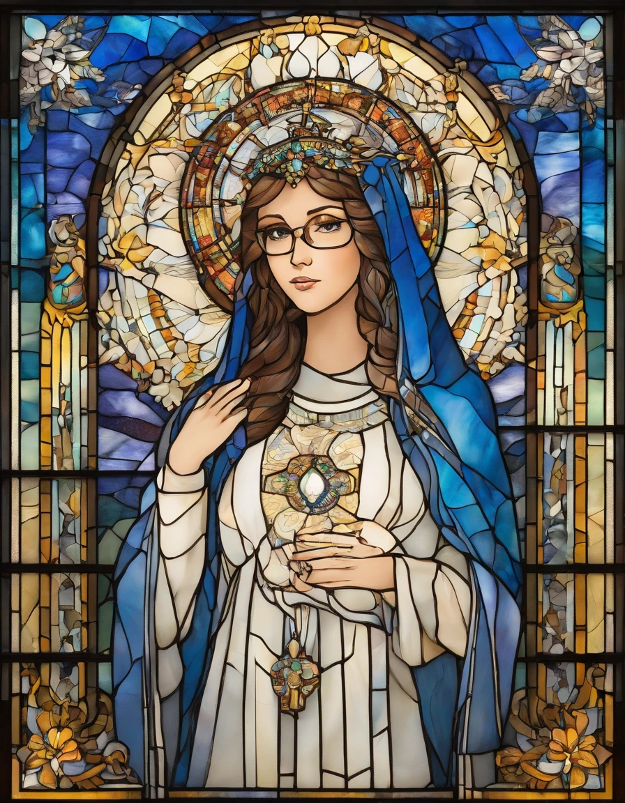 1 menina, 18 anos, alta, magra, bonita, cabelo loiro liso com franja, olhos azuis. White dress with blue command as of Our Lady of Grace. wearing prescription glasses.