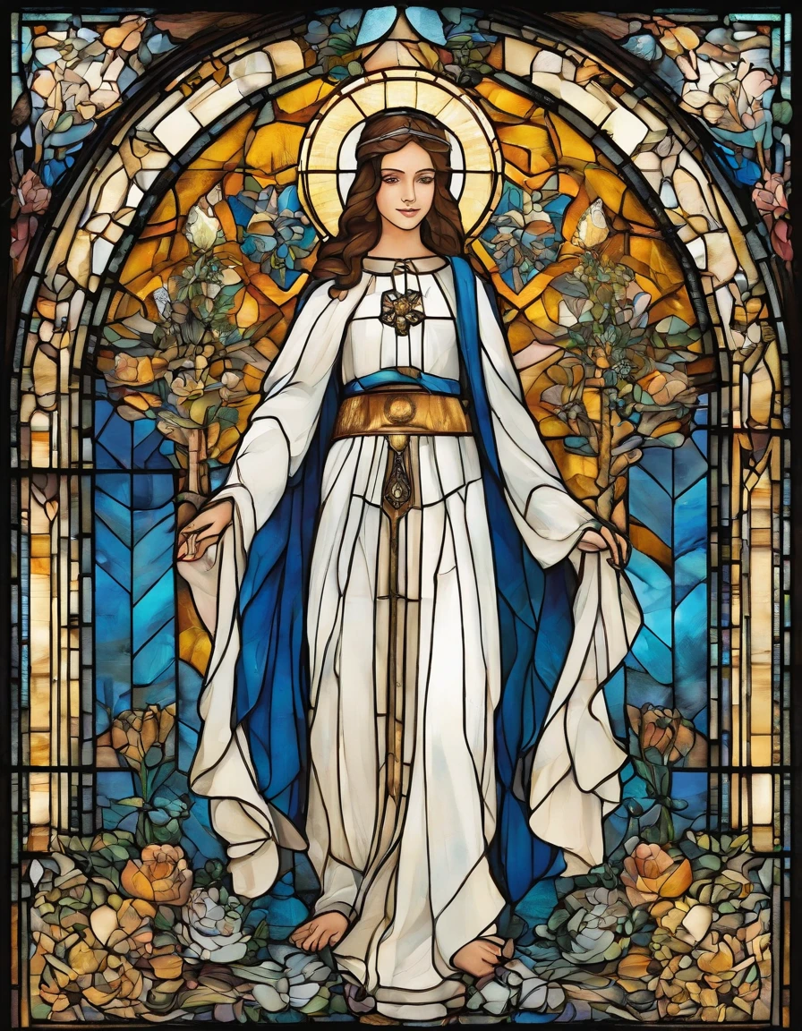 1 , 18 anos, alta, magra, bonita, cabelo loiro liso com franja, olhos azuis. White dress with blue command as of Our Lady of Grace. wearing prescription glasses.