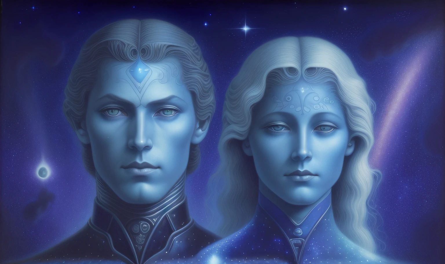 there are two people that are standing in front of a galaxy, beautiful gemini good and evil, sirius a and sirius b, solar beings, beautiful sci - fi twins, ethereal aurora spirits, beautiful gemini twins portrait, tyler edlin and jean delville, jean delville and mark brooks, beautiful gemini twins, twin souls, astral appearance, goddess of space and time