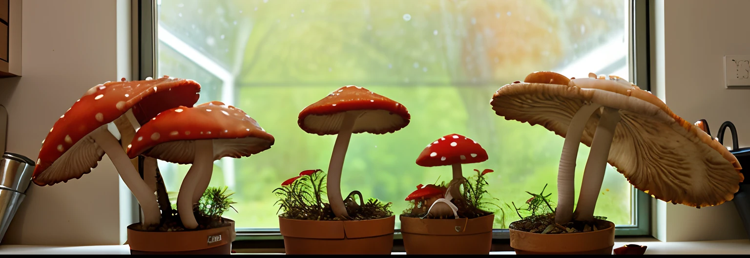 Red fly agaric mushrooms grow in pots in the kitchen near the window