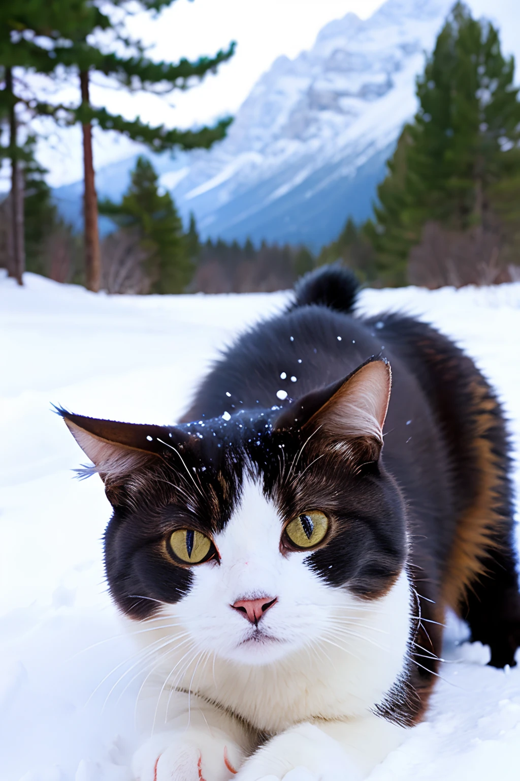 a pregirl, A round-eyed cute cat, On the snow, snow mountains, ln the forest.