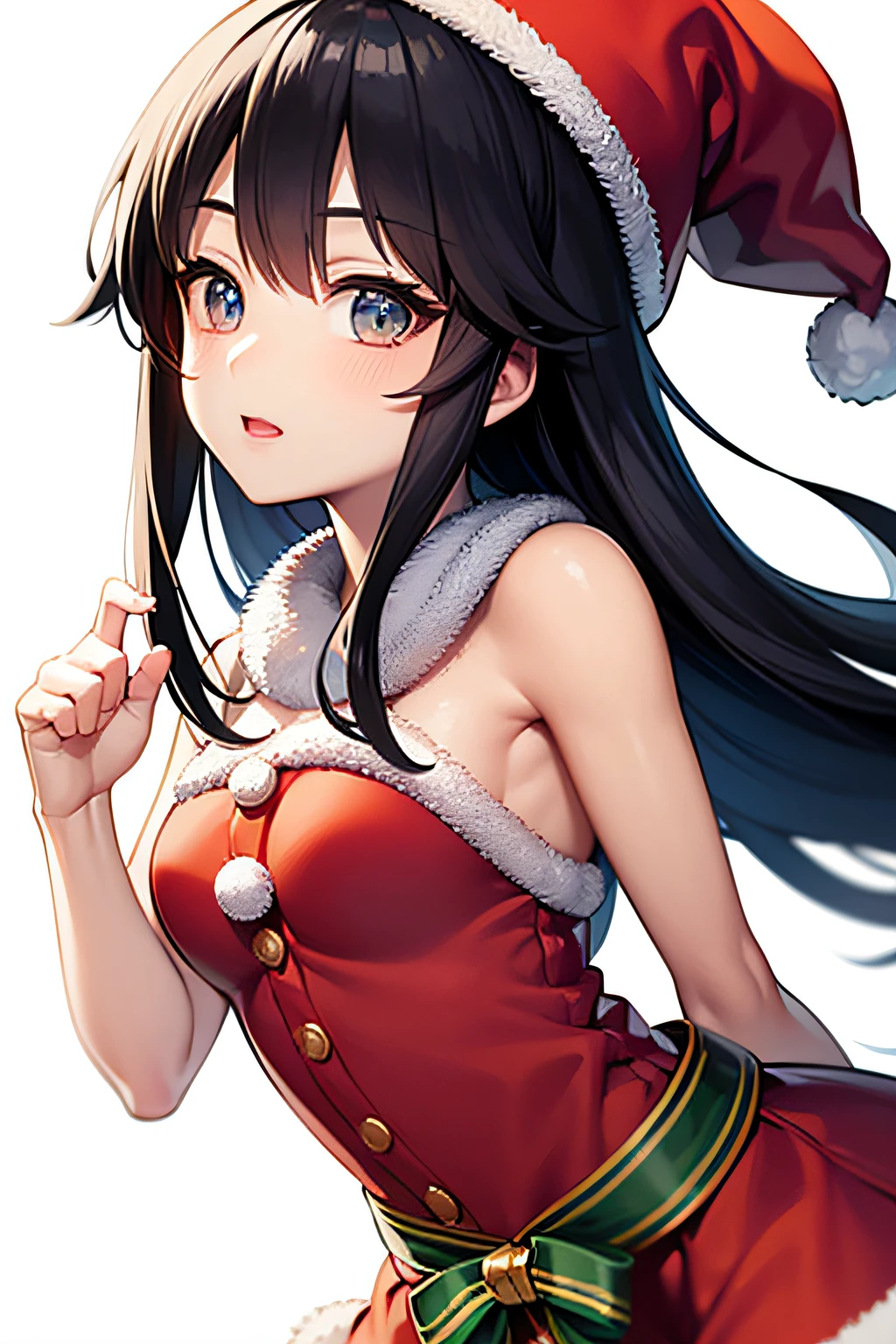 of the highest quality, masutepiece, illustratio、(animesque:1.6)、超A high resolution, Woman, Solo, White background, Upper body, Front view, Looking at Viewer, Pose, Black hair, Long hair, Santa Claus Costume, Santa Claus hat, Beautiful face, drooping eyes, From a distance