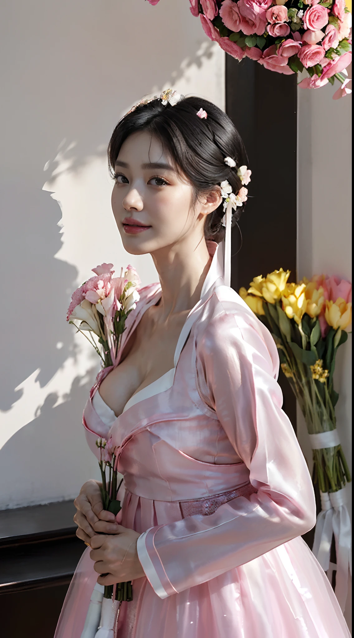 (Small lower chest,small heads)), (perfect bodies: 1.1),(Black hair:1.5),(极其细致的CG 8k壁纸），（Extremely refined and beautiful），（Masterpiece），（best qualtiy：1.0），（超高分辨率：1.0）,[A high resolution],cheerfulness,Smile,(Smooth and flawless fair skin:1.5),(Shiny skin:1.5),(Exquisite makeup:1.3),ultra - detailed,A beautiful Korean girl,(Big breasts:1.8),(Cleavage:1.8),(bare breasts:0.9),(Towering chest:1.8),Slim,emaciated,(Gorgeous see through hanbok with White top and pink dress:1.5),Autumn, In a residential area,High-rise residential building,on the garden,On the path,(standing:1.5),(Holding a bouquet of flowers in front of both hands:1.5),(upright from front:1.5),Upper body,(Close-up Shot Shot:1.3),(Cowboy shot:1.3),(front portrait:1.5),Morning,(Daytime scene:1.5),Bright sunshine,