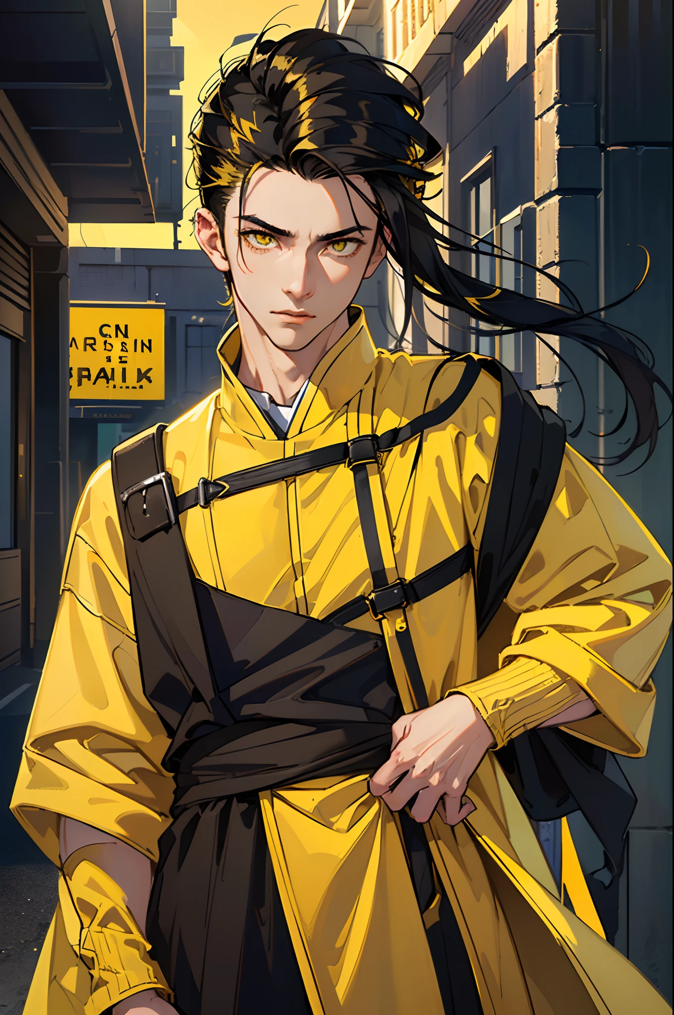 1 boy, beautiful male body, 20 years old , Body Length 175 cm, ((short hair, black color, (Chin hair length),((Hair length 12 inch)), (street hairstyle), ((Yellow color at the ends of the hair)), (Yellow color eyes), realistic eyes, beautiful eyes), (student clothes, School uniform clothes), (8k wallpaper), (school class wallpaper), 8k, high quilty, realistic, beautiful realistic, Cool details, raw photo, realistic clothing, black hair, realistic hair, yellow eyes, Light and cool lighting, photo realistic, Cel shaded, Gel lighting, ultra details, Yellow color at the ends of the hair, simple muscles