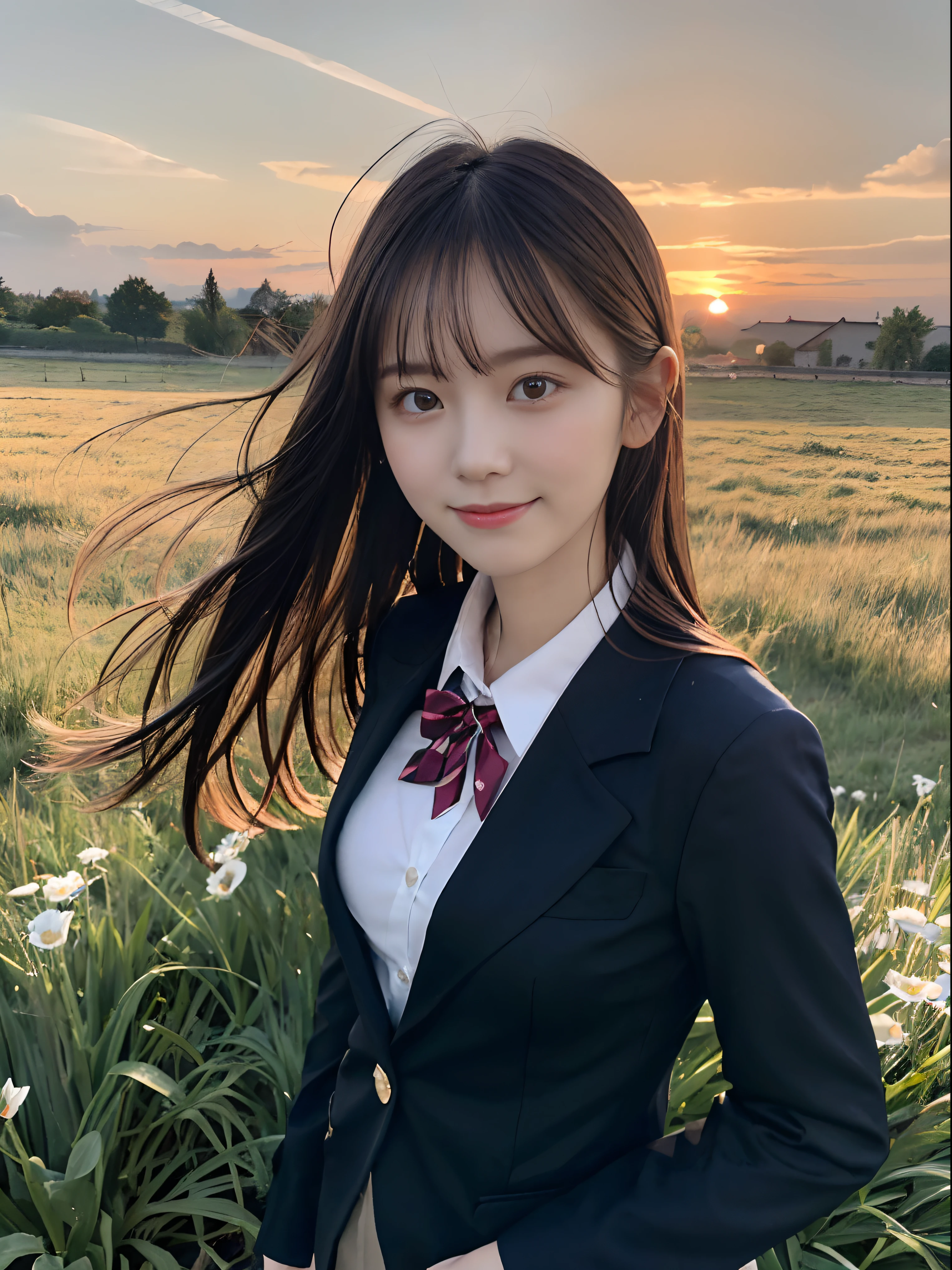 (Close up portrait of one girl with slender small breasts and long hair dull bangs in black blazer school uniform with red edging collar:1.5)、(One girl standing with little smile on the meadow、the hair flutters with the wind :1.5)、(Beautiful sunset red sky:1.5)、(Perfect Anatomy:1.3)、(No mask:1.3)、(complete fingers:1.3)、Photorealistic、Photography、masutepiece、top-quality、High resolution, delicate and pretty、face perfect、Beautiful detailed eyes、Fair skin、Real Human Skin、((thin legs))、(Dark hair)