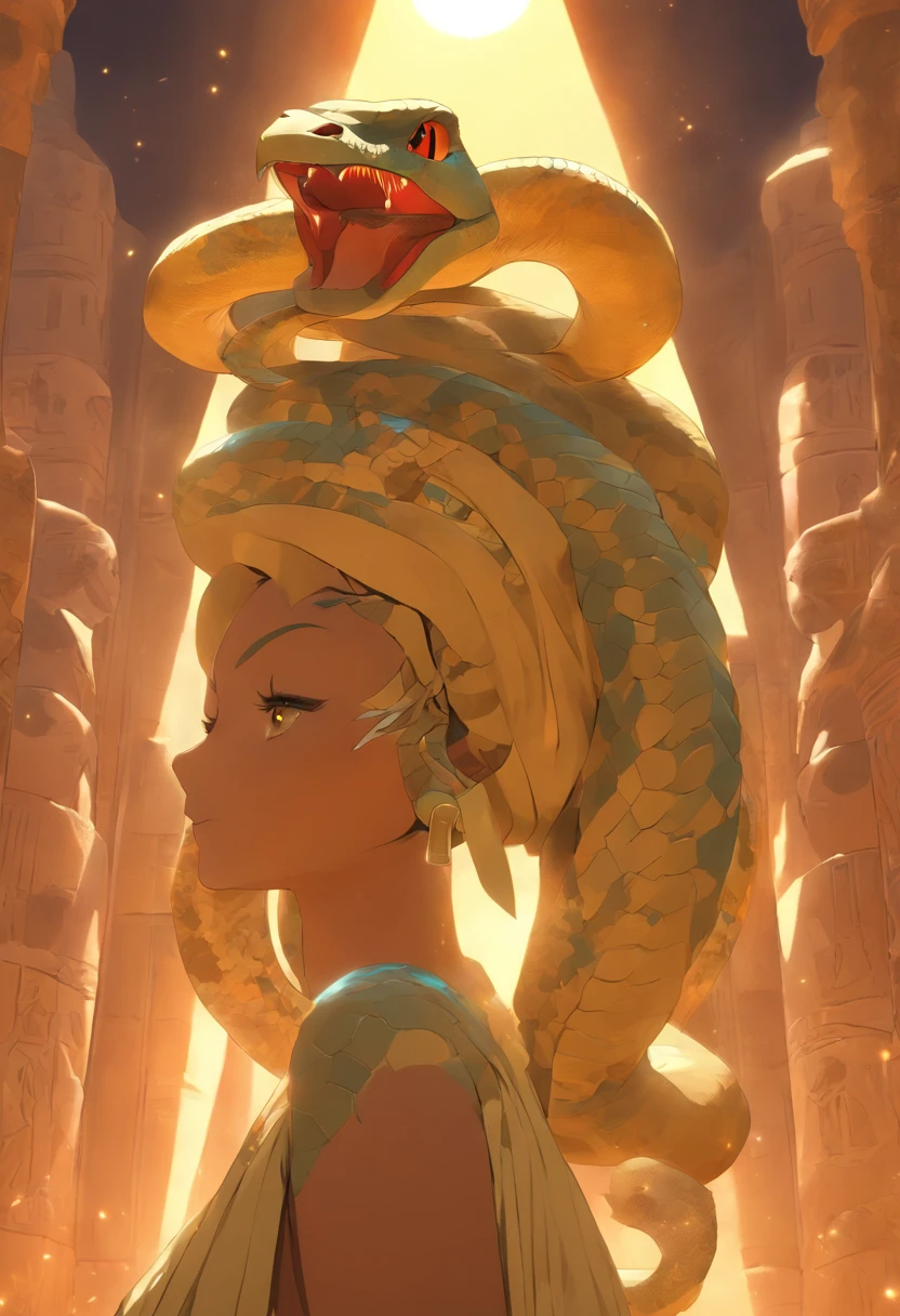 (((Woman's body and snake head)) best quality, very high resolution, 4K detailed CG, masterpiece, Egyptian mythology, Renenutet, sun disk, snake head, Ancient Egypt, sitting pose, Egyptian clothing, desert ,pyramid,Ancient Egypt,Egyptian Mythology, ((snake head woman's body)), aesthetic, beautiful image, centered on the screen, standing pose