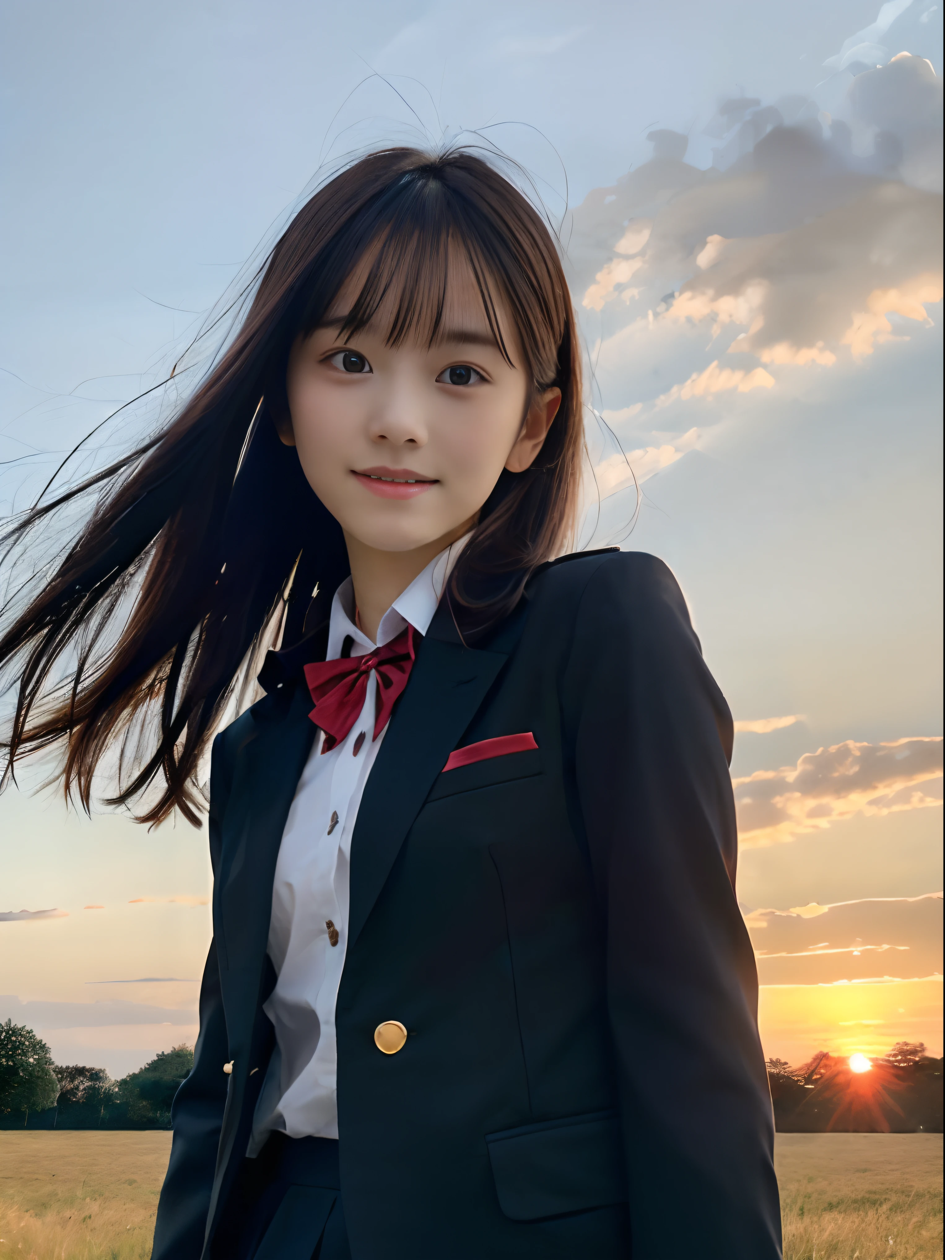 (Close up portrait of one girl with slender small breasts and long hair dull bangs in black blazer school uniform with red edging collar:1.5)、(One girl standing with little smile on the meadow、the hair flutters with the wind :1.5)、(Beautiful sunset red sky:1.5)、(Perfect Anatomy:1.3)、(No mask:1.3)、(complete fingers:1.3)、Photorealistic、Photography、masutepiece、top-quality、High resolution, delicate and pretty、face perfect、Beautiful detailed eyes、Fair skin、Real Human Skin、((thin legs))、(Dark hair)