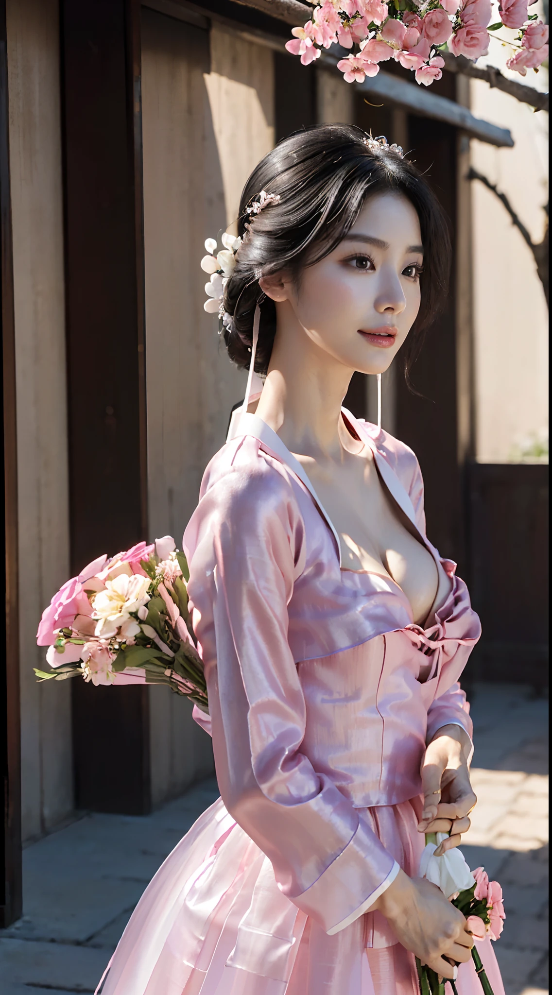 (Small lower chest,small heads)), (perfect bodies: 1.1),(Black hair:1.5),(极其细致的CG 8k壁纸），（Extremely refined and beautiful），（Masterpiece），（best qualtiy：1.0），（超高分辨率：1.0）,[A high resolution],cheerfulness,Smile,(Smooth and flawless fair skin:1.5),(Shiny skin:1.5),(Exquisite makeup:1.3),ultra - detailed,A beautiful Korean girl,(Big breasts:1.8),(Cleavage:1.8),(bare breasts:0.9),(Towering chest:1.8),Slim,emaciated,(Gorgeous see through hanbok with White top and pink dress:1.5),Autumn, In a residential area,High-rise residential building,on the garden,On the path,(standing:1.5),(Holding a bouquet of flowers in front of both hands:1.5),(upright from front:1.5),Upper body,(Close-up Shot Shot:1.3),(Cowboy shot:1.3),(front portrait:1.5),Morning,(Daytime scene:1.5),Bright sunshine,