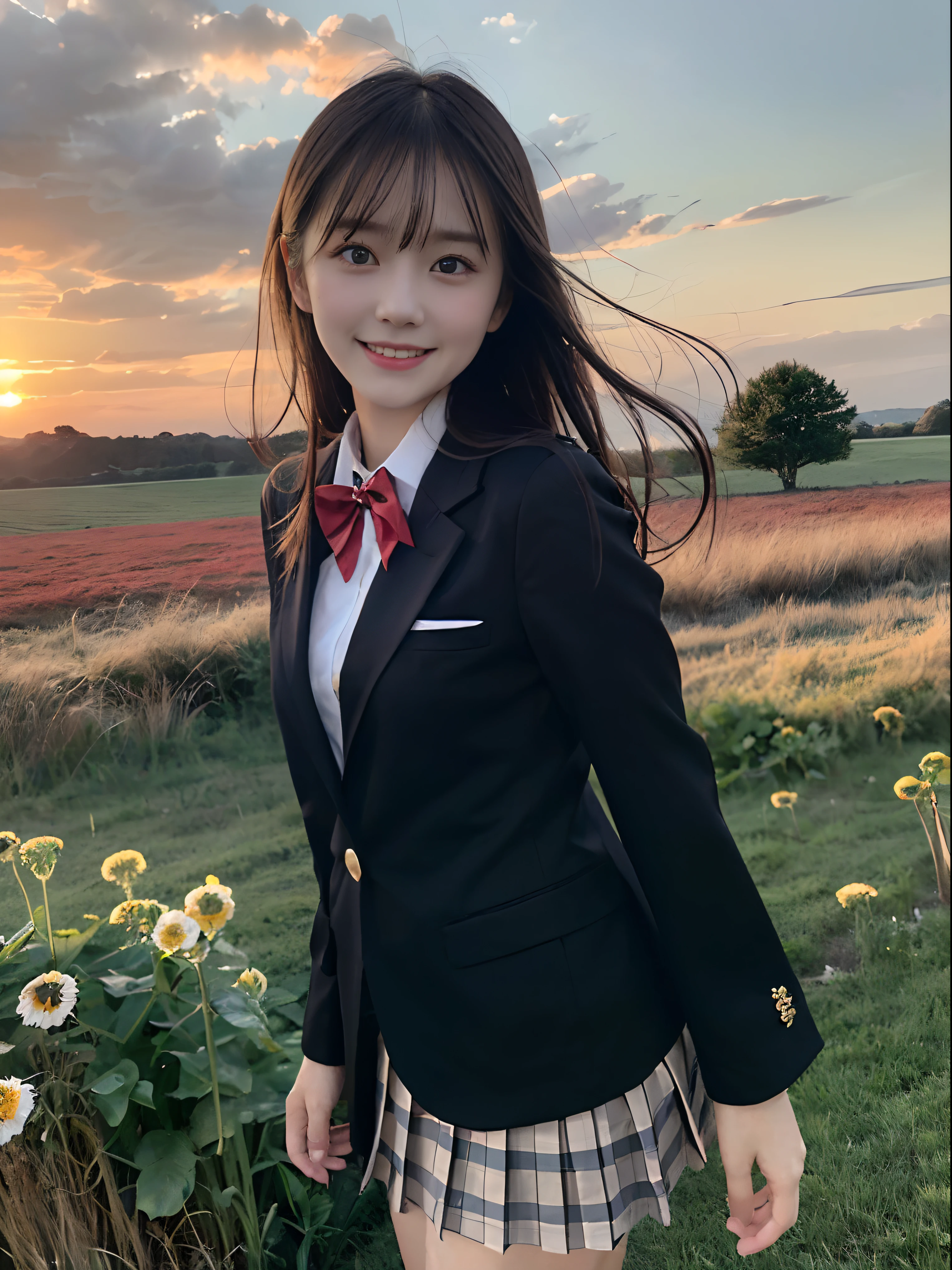 (Close up portrait of one girl with slender small breasts and long hair dull bangs in black blazer school uniform with red edging collar:1.5)、(One girl standing with little smile on the meadow、the hair flutters with the wind :1.5)、(Beautiful sunset red sky:1.5)、(Perfect Anatomy:1.3)、(No mask:1.3)、(complete fingers:1.3)、Photorealistic、Photography、masutepiece、top-quality、High resolution, delicate and pretty、face perfect、Beautiful detailed eyes、Fair skin、Real Human Skin、((thin legs))、(Dark hair)