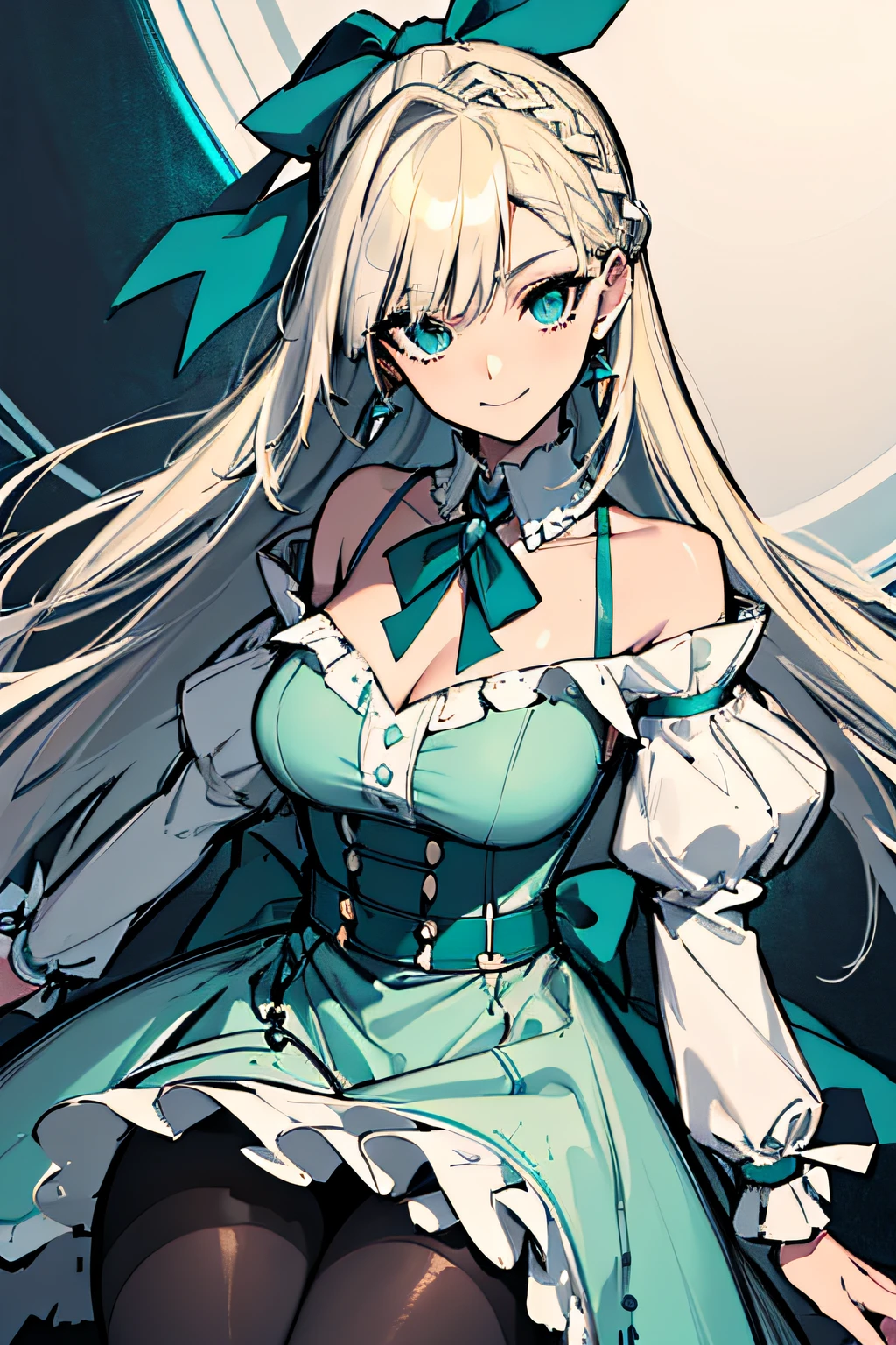 Anime girl with long white hair and blue eyes in a green dress - SeaArt AI