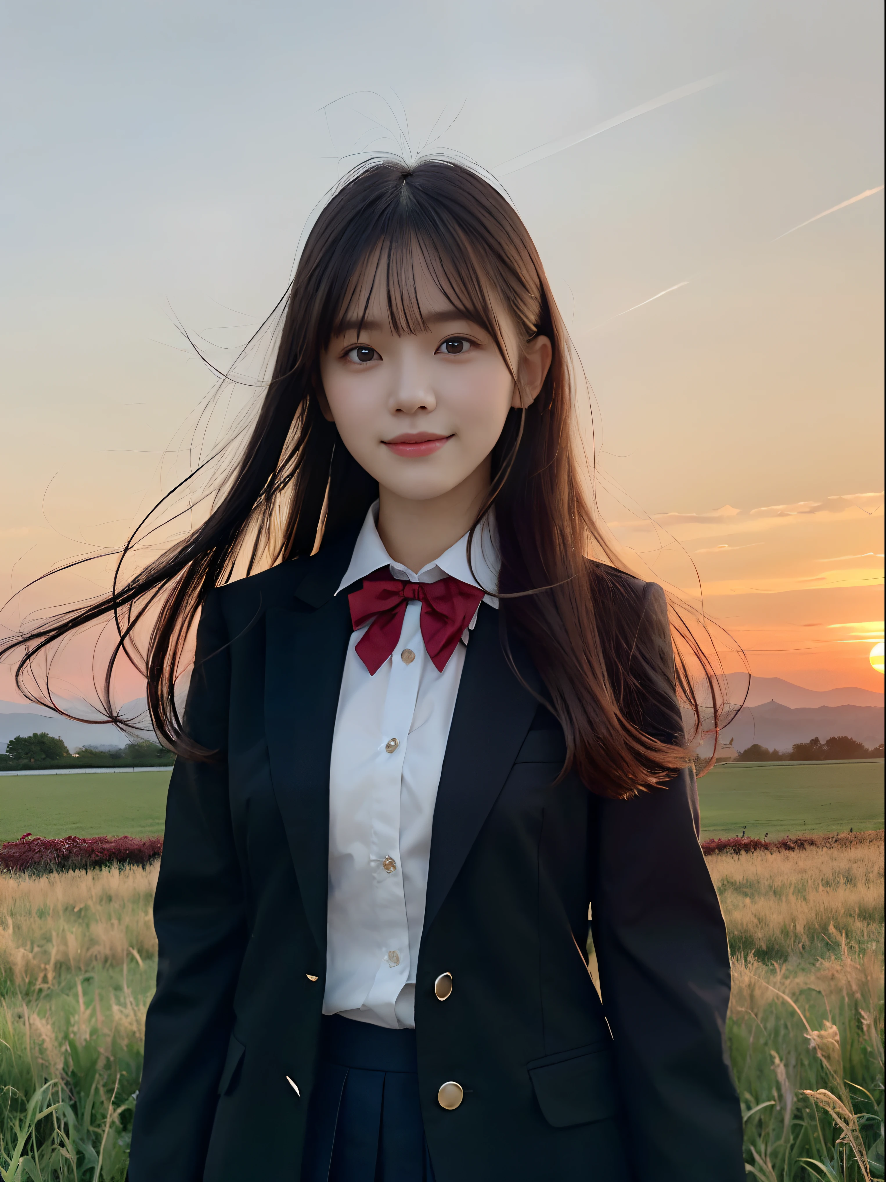 (Close up portrait of one girl with slender small breasts and long hair dull bangs in black blazer school uniform with red edging collar:1.5)、(One girl standing with little smile on the meadow、the hair flutters with the wind :1.5)、(Beautiful sunset red sky:1.5)、(Perfect Anatomy:1.3)、(No mask:1.3)、(complete fingers:1.3)、Photorealistic、Photography、masutepiece、top-quality、High resolution, delicate and pretty、face perfect、Beautiful detailed eyes、Fair skin、Real Human Skin、((thin legs))、(Dark hair)