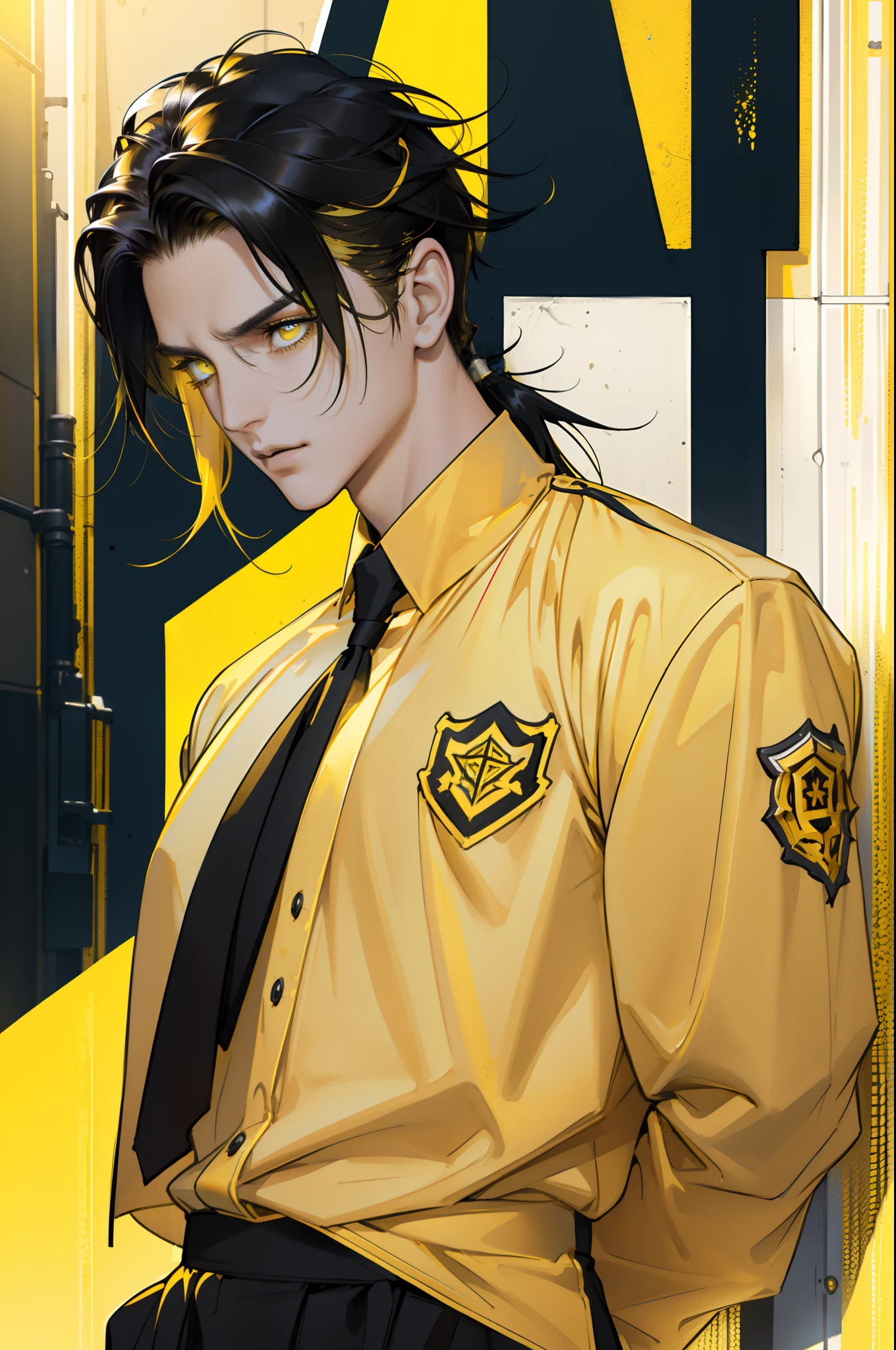 1 boy, beautiful male body, 20 years old , Body length 175 cm, ((short hair hair, Color: Black, (Chin hair length),((Hair length 12 inches)), (Street hairstyle), ((Yellow color at the ends of the hair)), (Eyes of yellow color), realistic eyes, beatiful eyes), (Student clothing, School uniform clothes), (8k wallpaper), (School class background), 8k, Quilty Altitude, Realistic, Beautiful realism, outstanding detail, RAW photo, Realistic clothes, Black hair, realistic hair, Yellow eyes, Light and cool lighting, realistic photo, Cel shaded, Gel lighting, ultra-detail, Yellow color at the ends of the hair, simple muscles